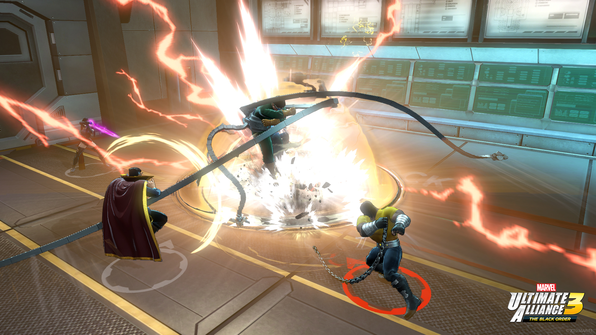 Action-Szene mit Marvel-Charakteren. Doctor Octopus greift mit Tentakeln an, umgeben von Energieexplosionen. Andere wehren sich.
