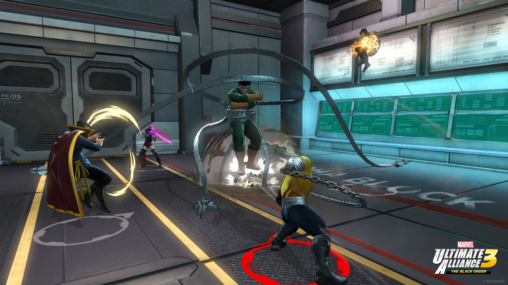 Eine Spielszene zeigt Doctor Octopus, der gegen andere Charaktere kämpft. Charaktere sind Doctor Strange und Elektra. Die Umgebung ist metallisch.