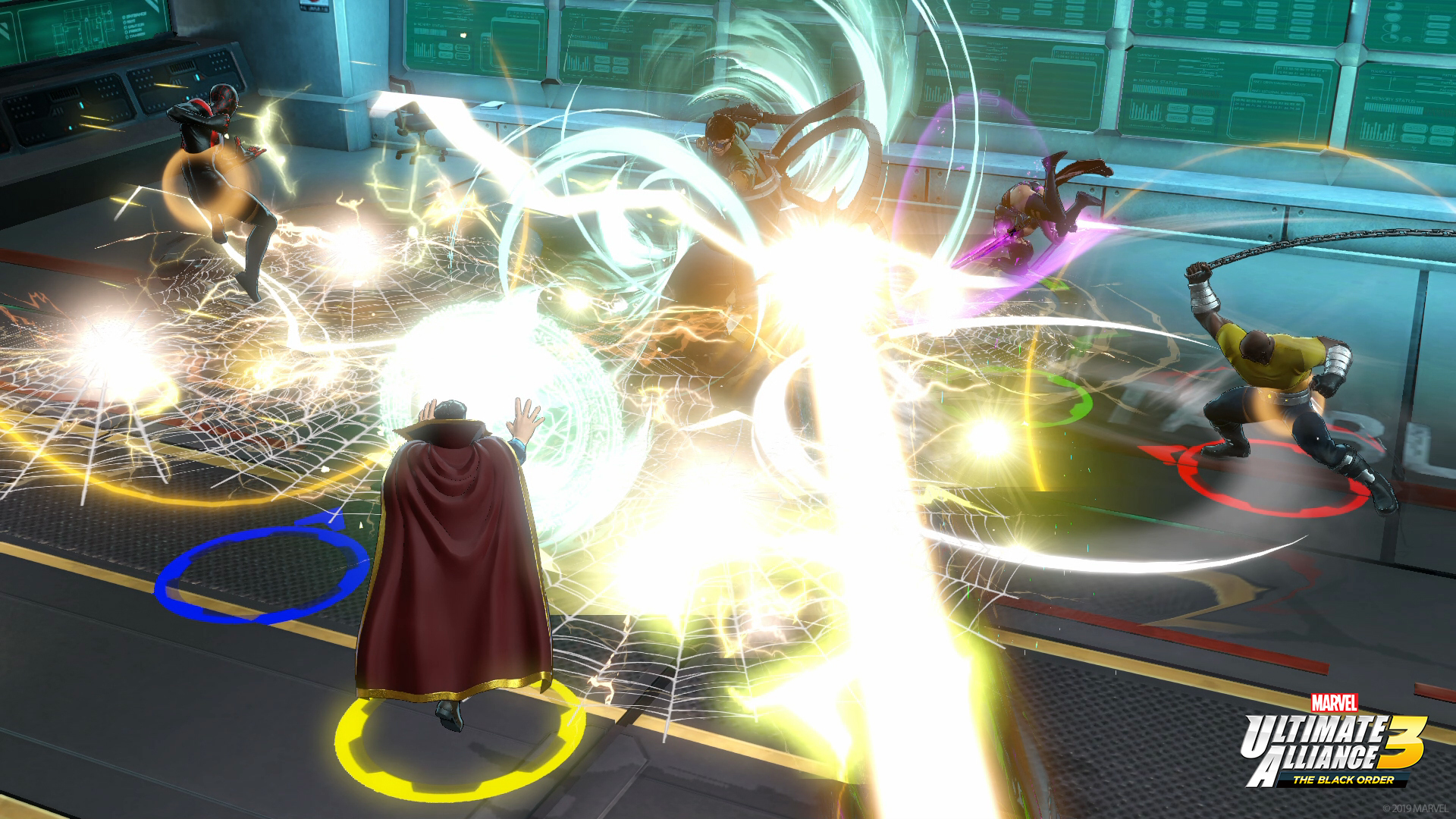 Marvel-Charaktere kämpfen. Doctor Strange im Vordergrund. Spinnweben und Energieeffekte umgeben die Charaktere.