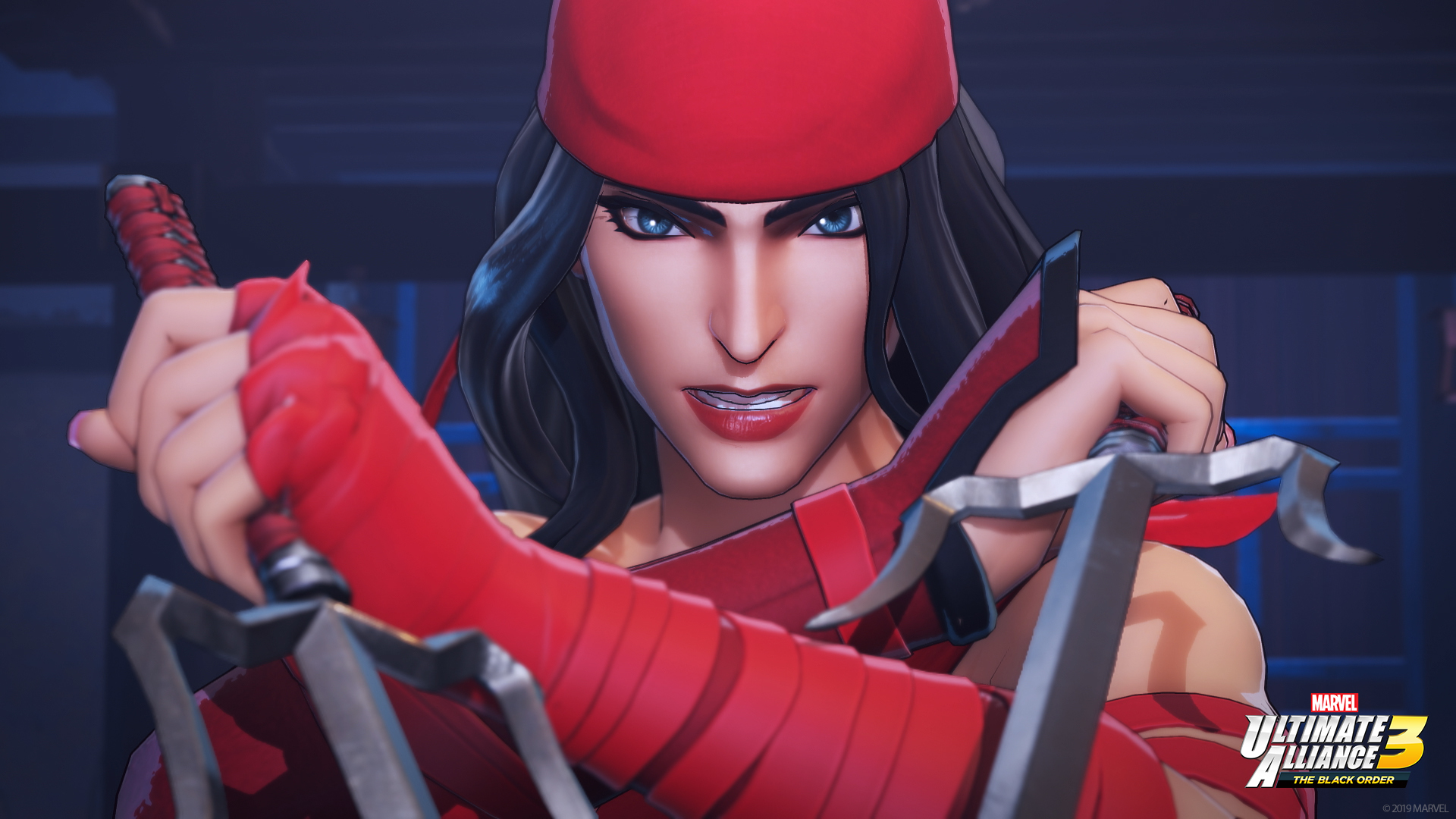 Eine Frau in Rot, mit dunklem Haar und blauen Augen, hält Waffen. Das Bild stammt von Marvel Ultimate Alliance 3.