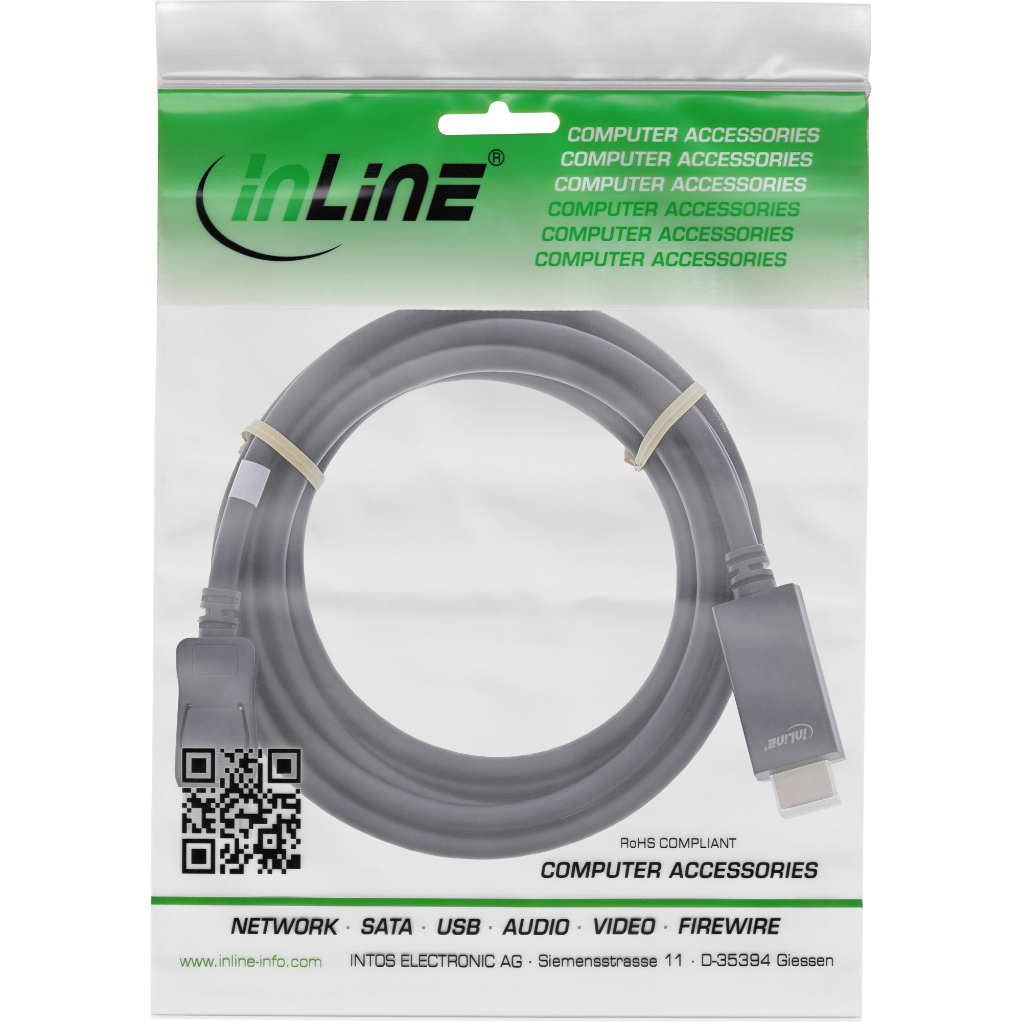 Graues Computerkabel in Plastikverpackung. Die Verpackung hat grüne und weiße Abschnitte mit dem 'InLine'-Logo.