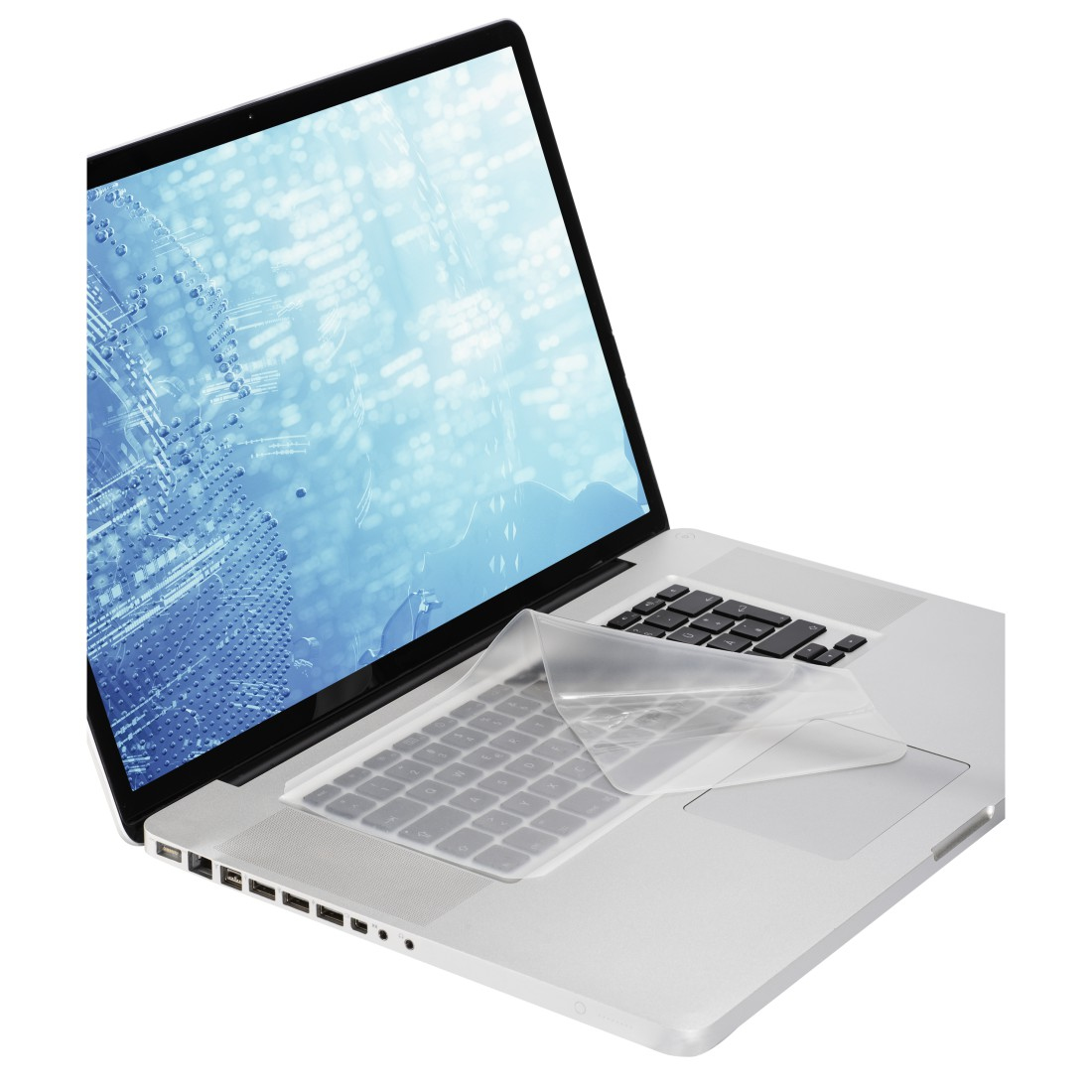 Ein Laptop mit einem Bildschirm, der eine blaue Grafik anzeigt. Eine transparente Tastaturabdeckung ist angebracht. Tastatur und Trackpad sind sichtbar.