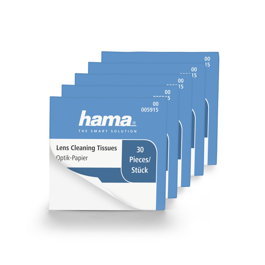 Fünf Packungen Hama-Linsen-Reinigungstücher. Jede Packung hat eine blaue Oberseite mit Produktinfo. Weißer Hintergrund.