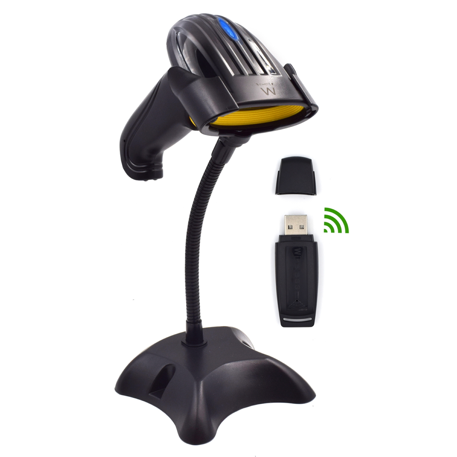 Ein schwarzer Barcode-Scanner mit Ständer, USB-Empfänger und einem Funksymbol. Der Scanner hat ein gelbes Licht.