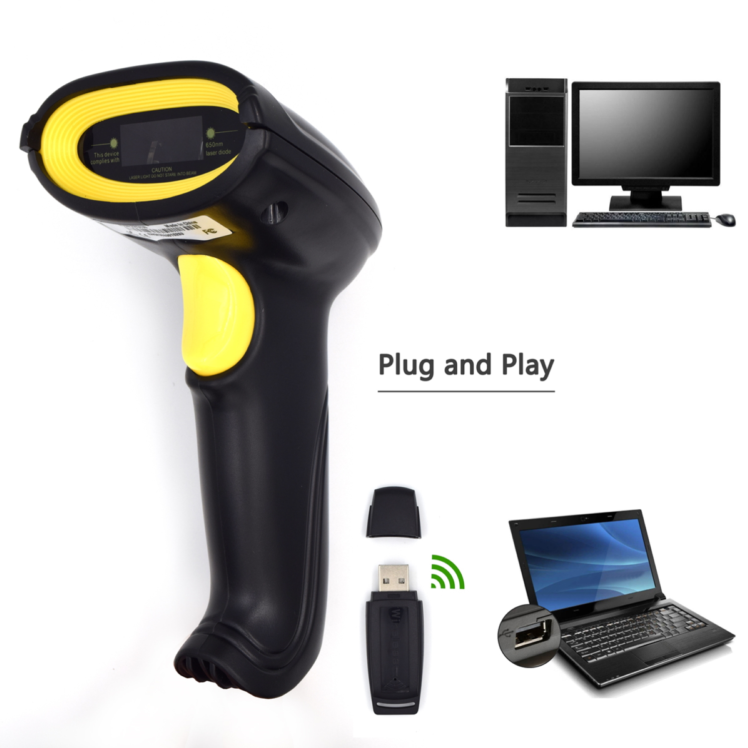 Das Bild zeigt einen Barcode-Scanner, einen Computer, einen Laptop und einen USB-Empfänger. Der Scanner ist schwarz und gelb.