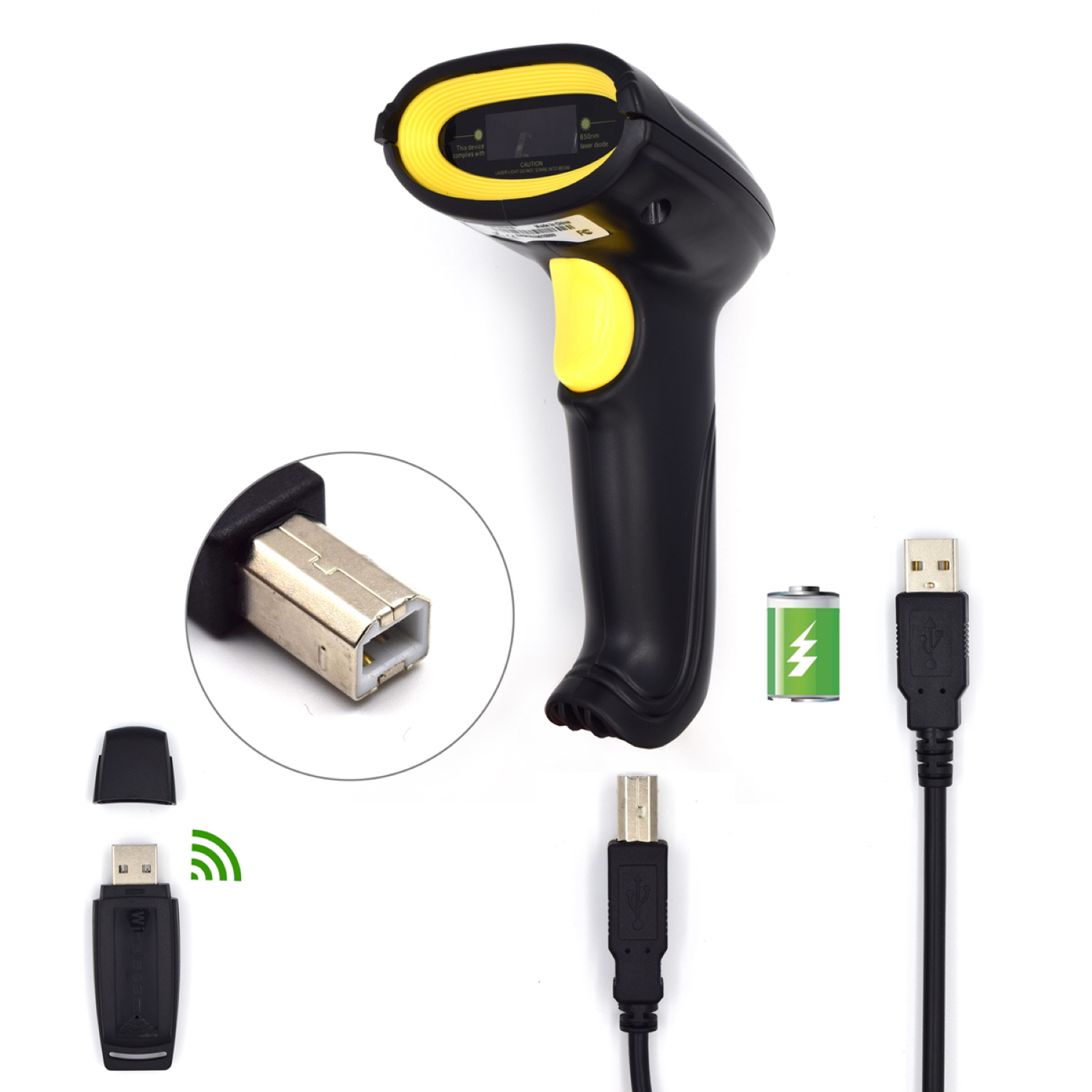 Ein schwarz-gelber Barcodescanner, USB-Kabel, ein Batteriesymbol und ein USB-Empfänger auf weißem Hintergrund.