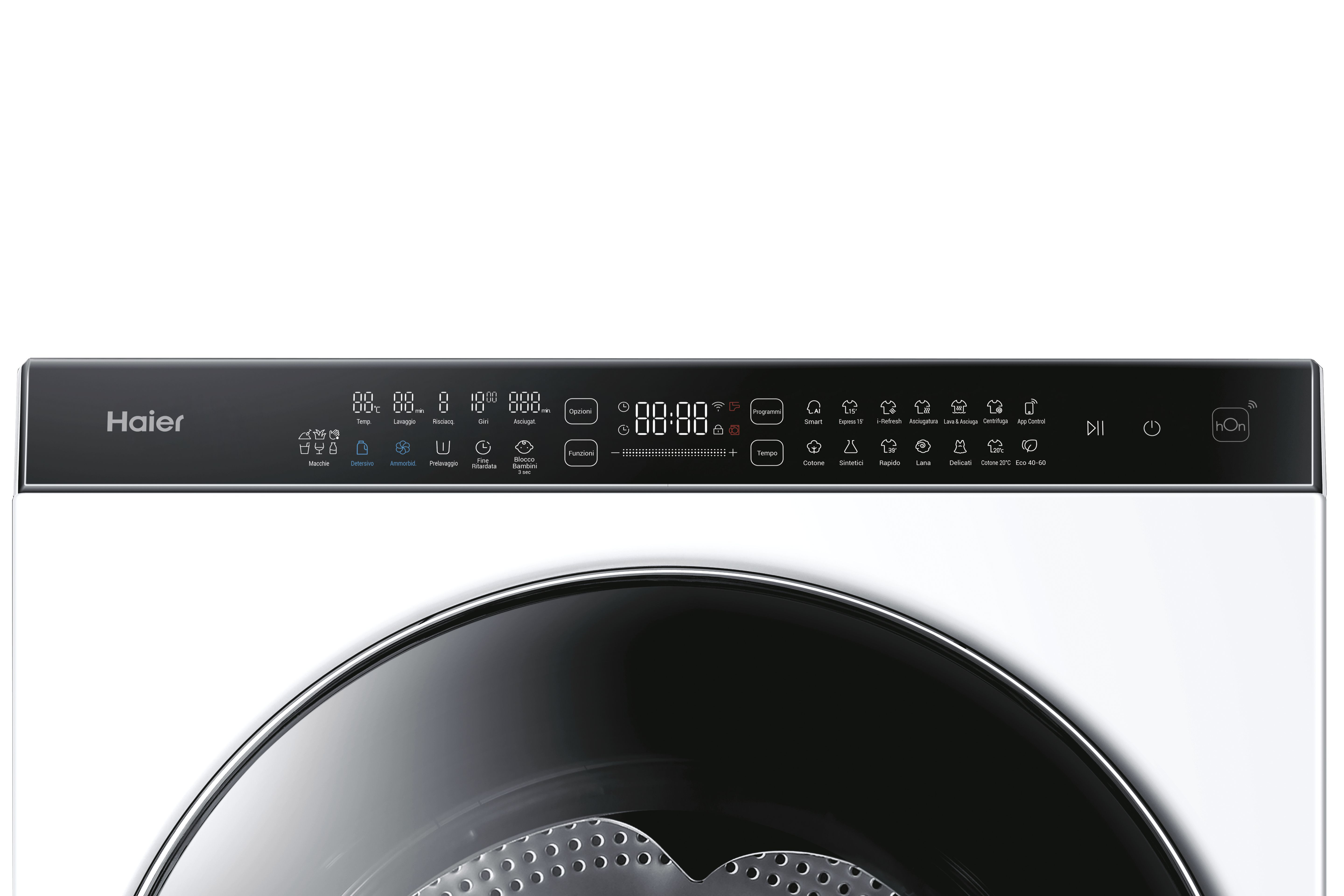 Nahaufnahme eines weißen Haier-Waschmaschinen-Bedienfelds. Es hat ein schwarzes Display mit Einstellungen und Symbolen.