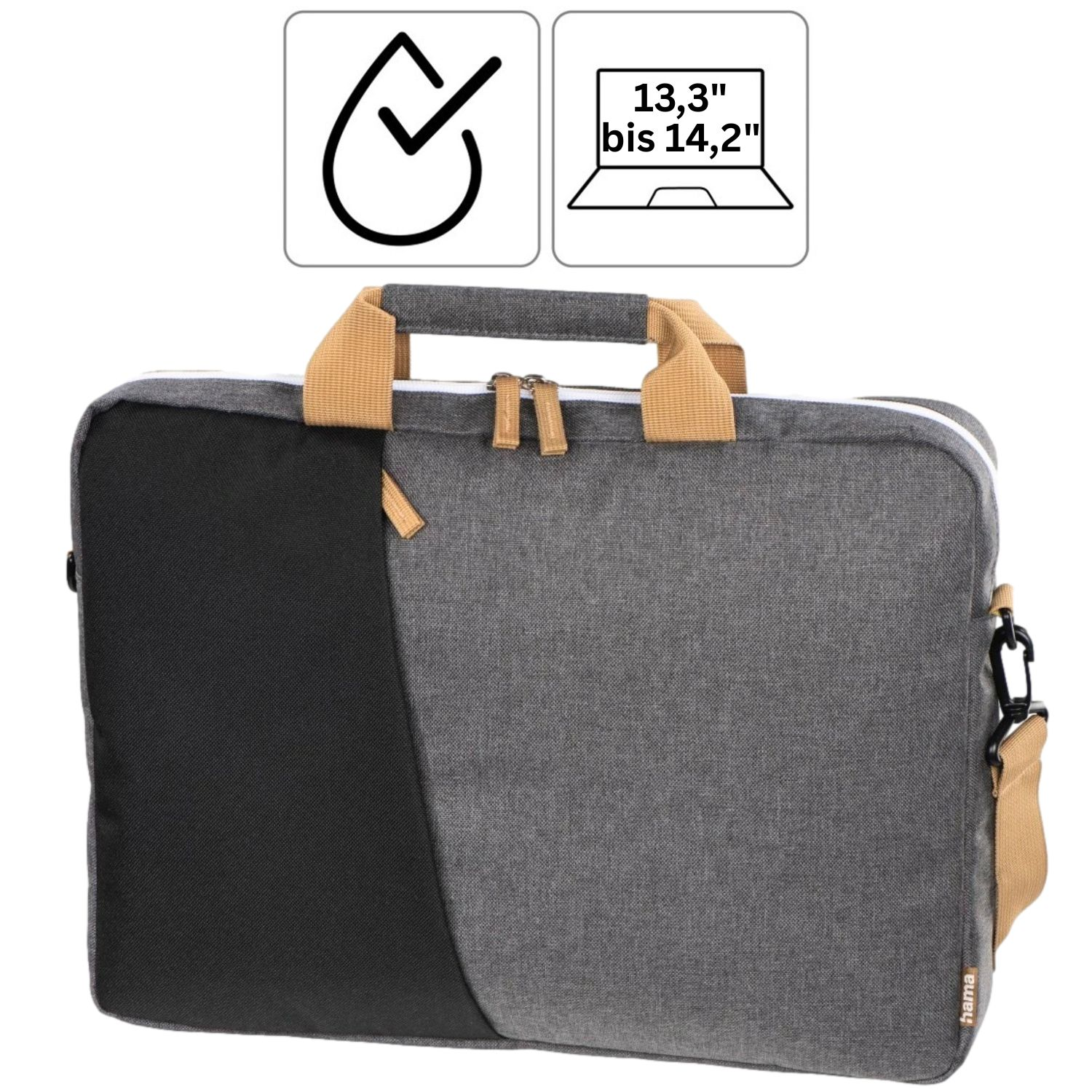 Grau-schwarze Laptoptasche mit braunen Griffen und Schultergurt. Symbole zeigen die Größenkompatibilität an.