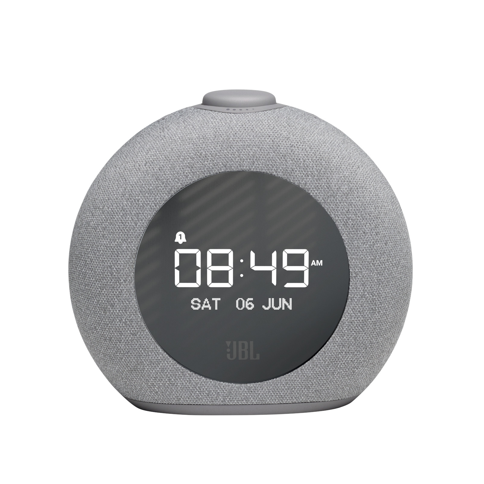 Orologio JBL grigio, rotondo. Mostra l'ora 08:49 AM, sabato 6 giugno. Un pulsante in alto.