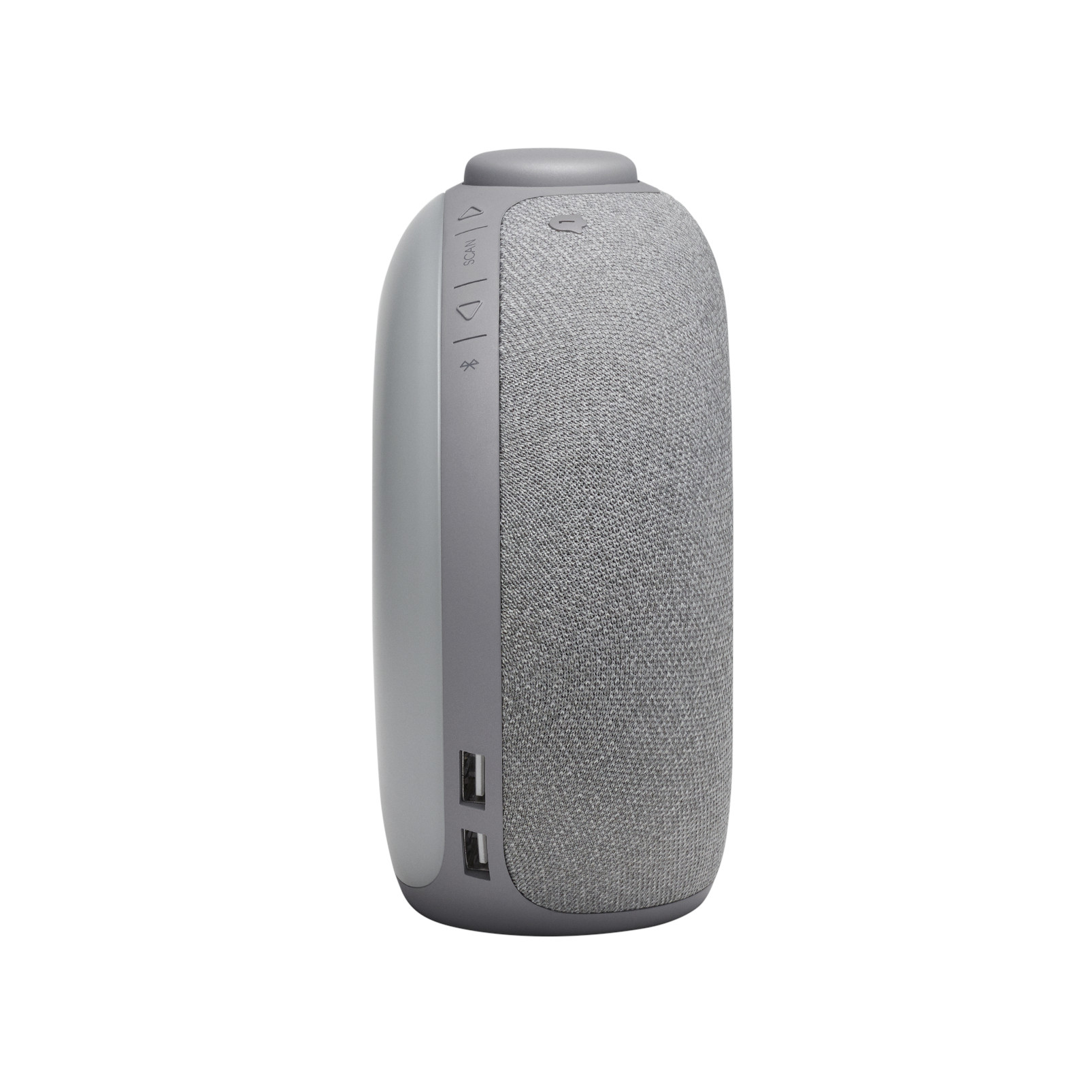 Un altoparlante grigio a forma ovale con un fronte in tessuto. I pulsanti laterali includono Bluetooth, volume e scansione. Porte USB laterali.