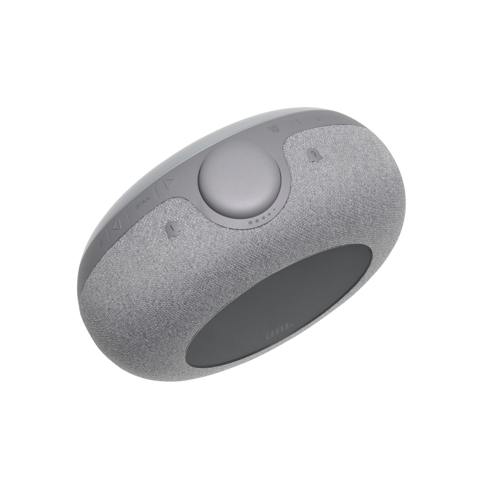 Altoparlante ovale grigio con controlli. Ha una struttura in tessuto e una base grigio scuro con il logo JBL.