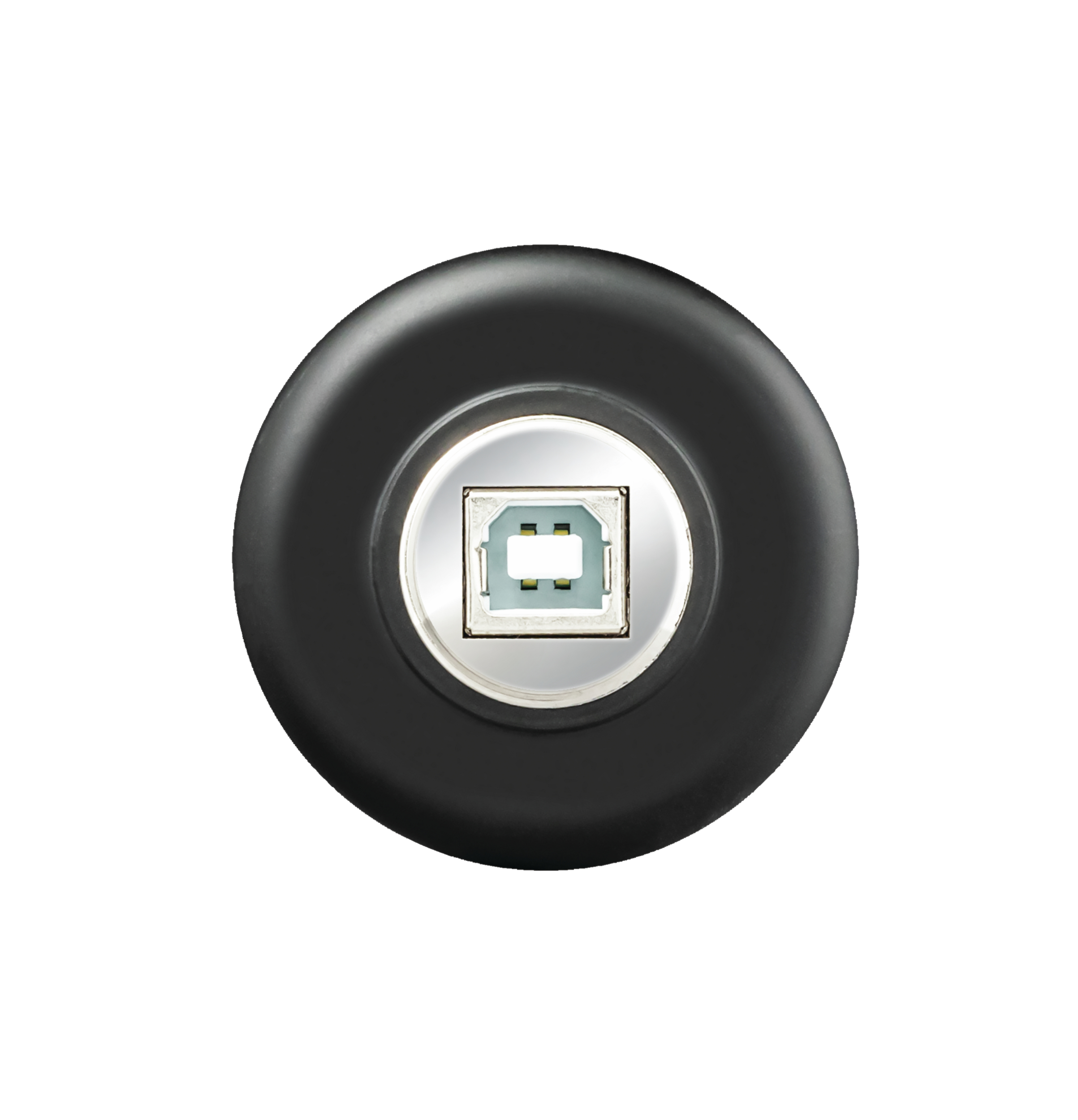 Czarny port USB. Ma metalowe wnętrze i jest otoczony czarną, okrągłą ramką.