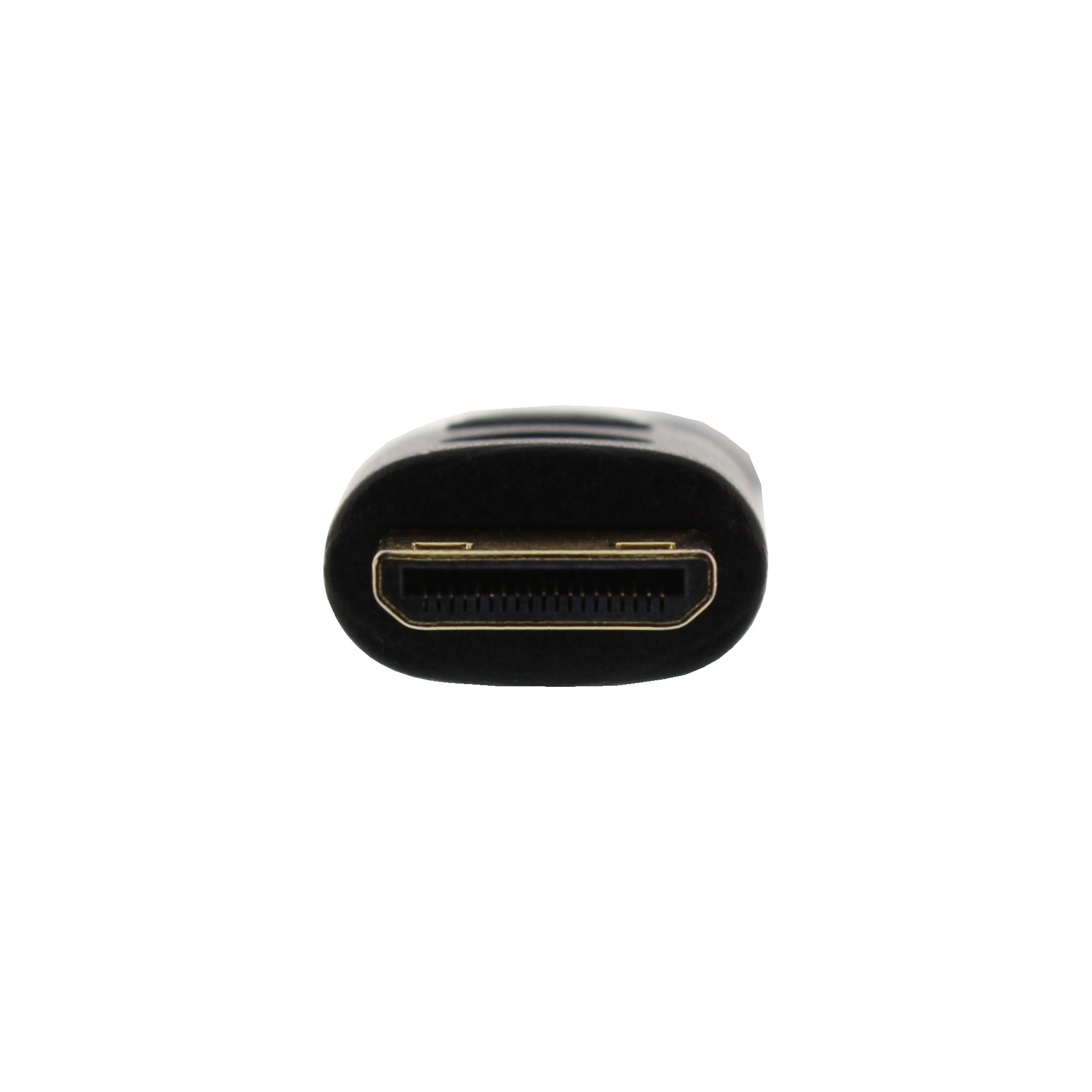 Gros plan d'un adaptateur HDMI noir sur fond blanc. Le connecteur est doré.