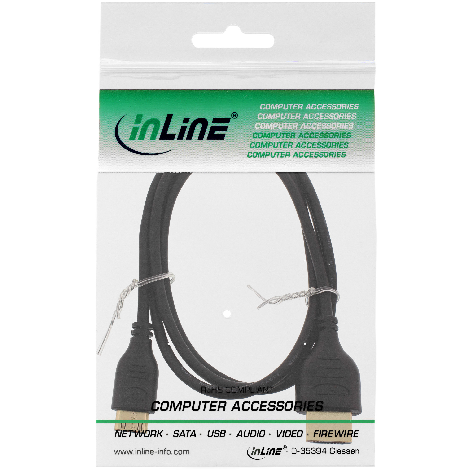 Un câble HDMI noir dans un emballage plastique transparent. L'emballage a une étiquette verte et blanche avec le logo 'inLine'.