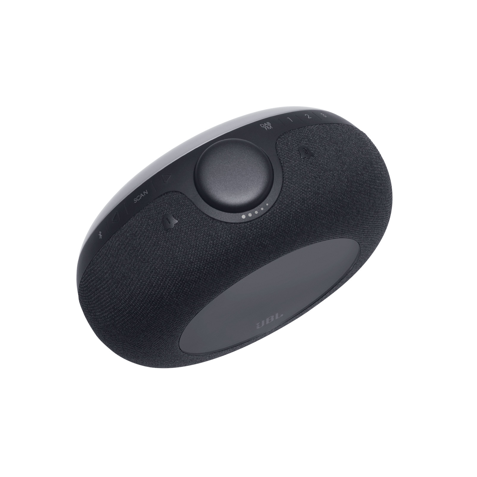 Ovaler, dunkelgrauer JBL-Lautsprecher auf weißem Hintergrund. Hat Tasten für Lautstärke, Scan und Bluetooth. JBL-Logo unten.