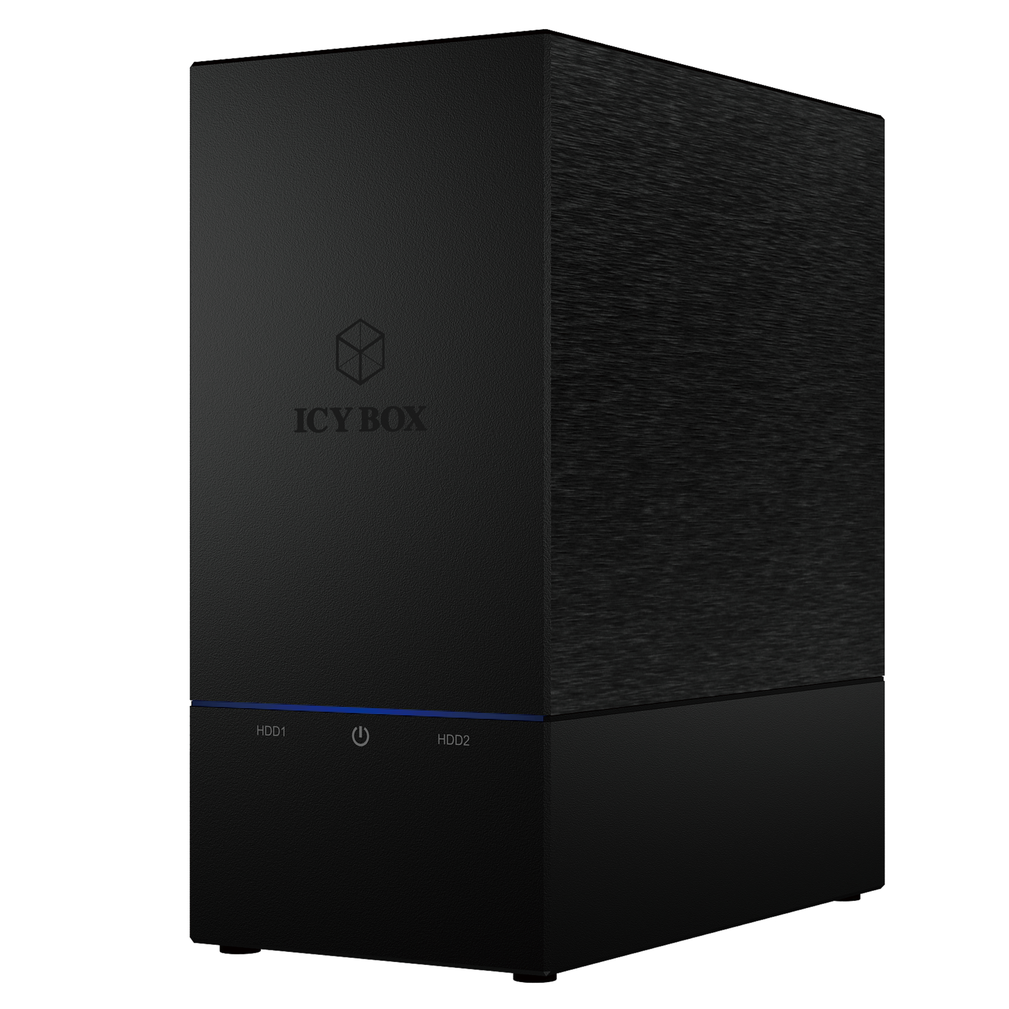Ein schwarzes ICY BOX Computergehäuse. Es hat einen Power-Button und HDD-Anzeigen. Das Gehäuse hat eine strukturierte Oberfläche.