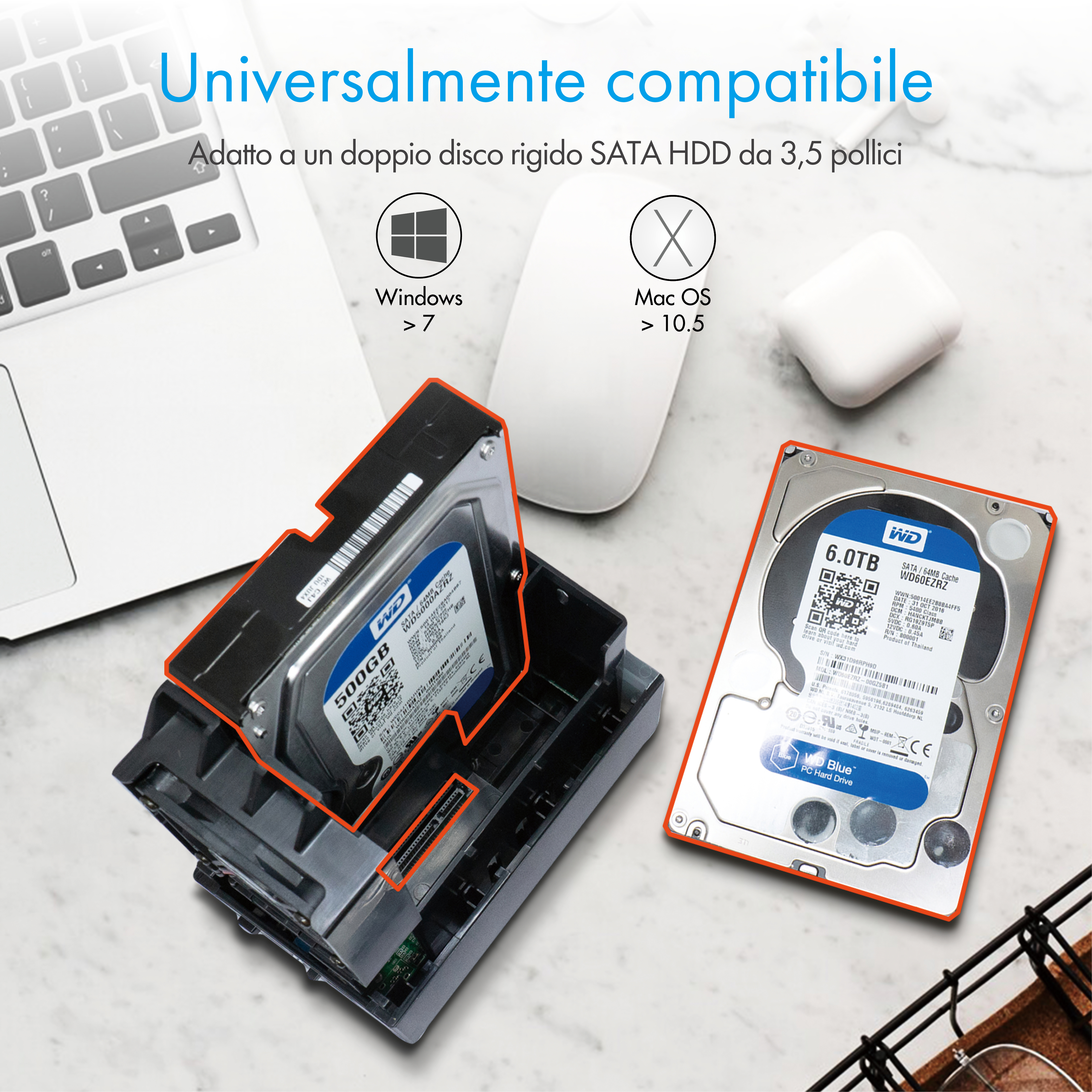Das Bild zeigt zwei Festplatten und einen Laptop. Text sagt: 'Universell kompatibel'.