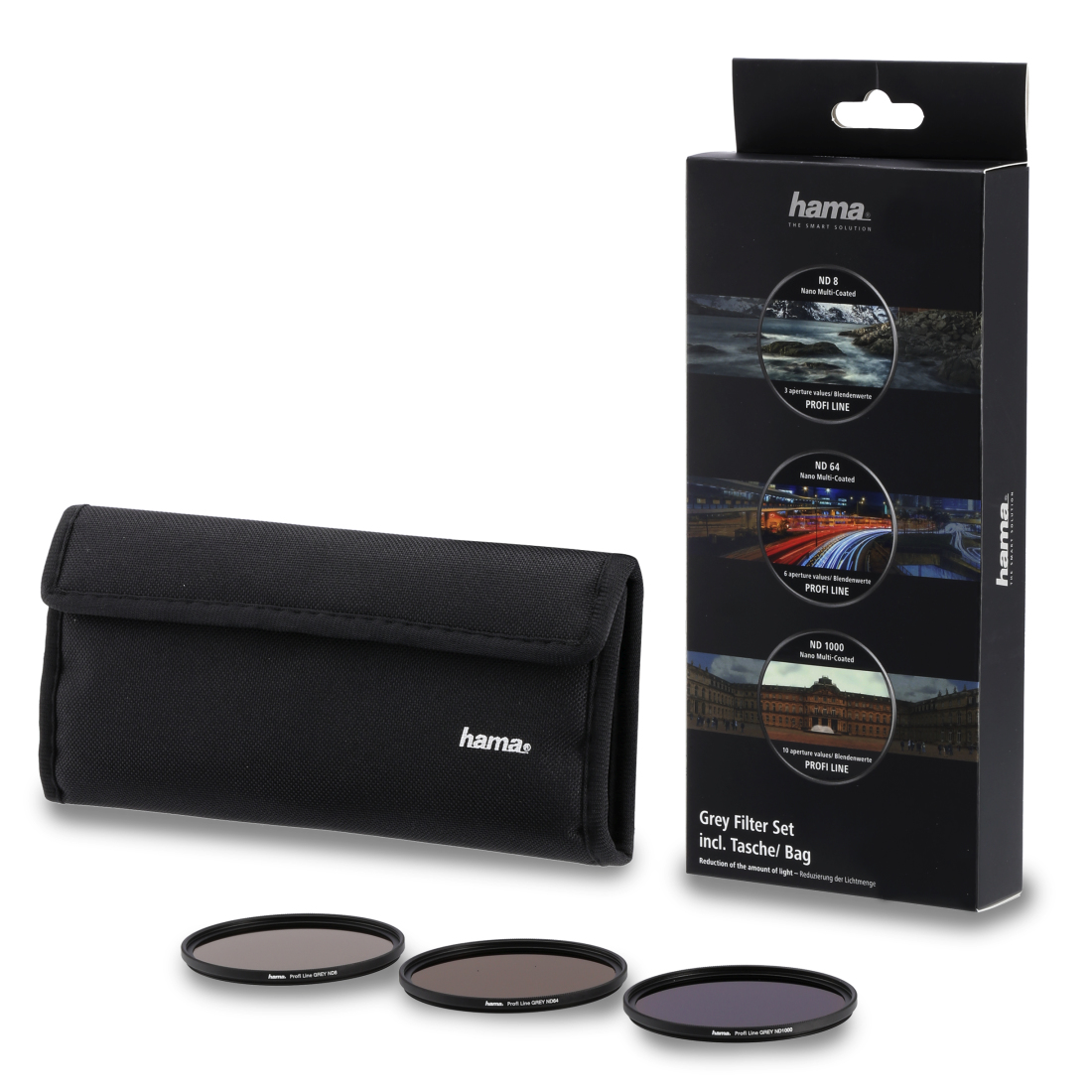 Eine schwarze Tasche, drei graue Filter und eine schwarze Box mit Bildern, Text und dem 'hama'-Logo werden auf weißem Grund gezeigt.