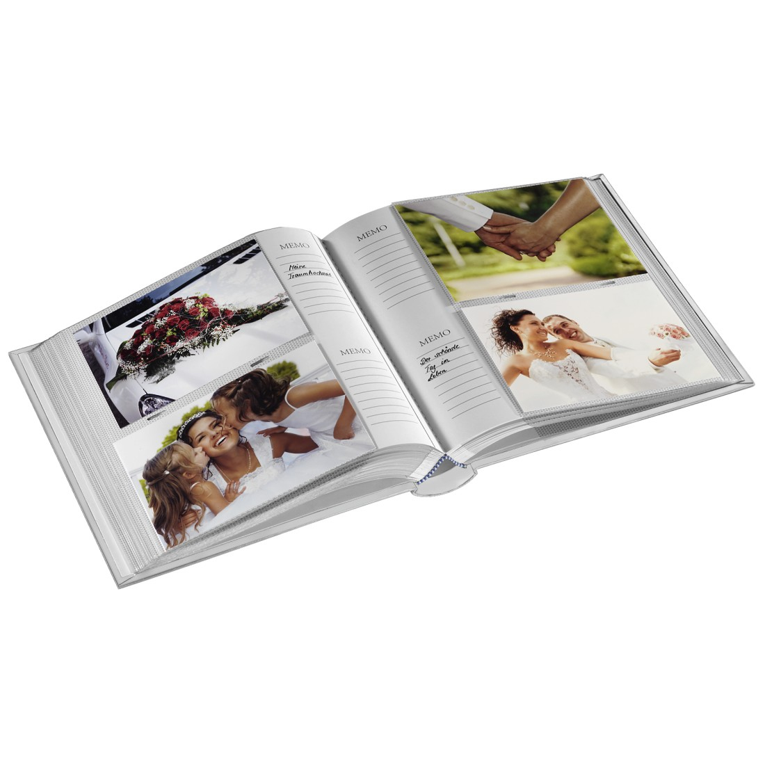 Otwarty album ze zdjęciami ślubnymi. Zdjęcia przedstawiają pannę młodą, trzymanie się za ręce i kwiaty na samochodzie. Widoczne sekcje notatek.