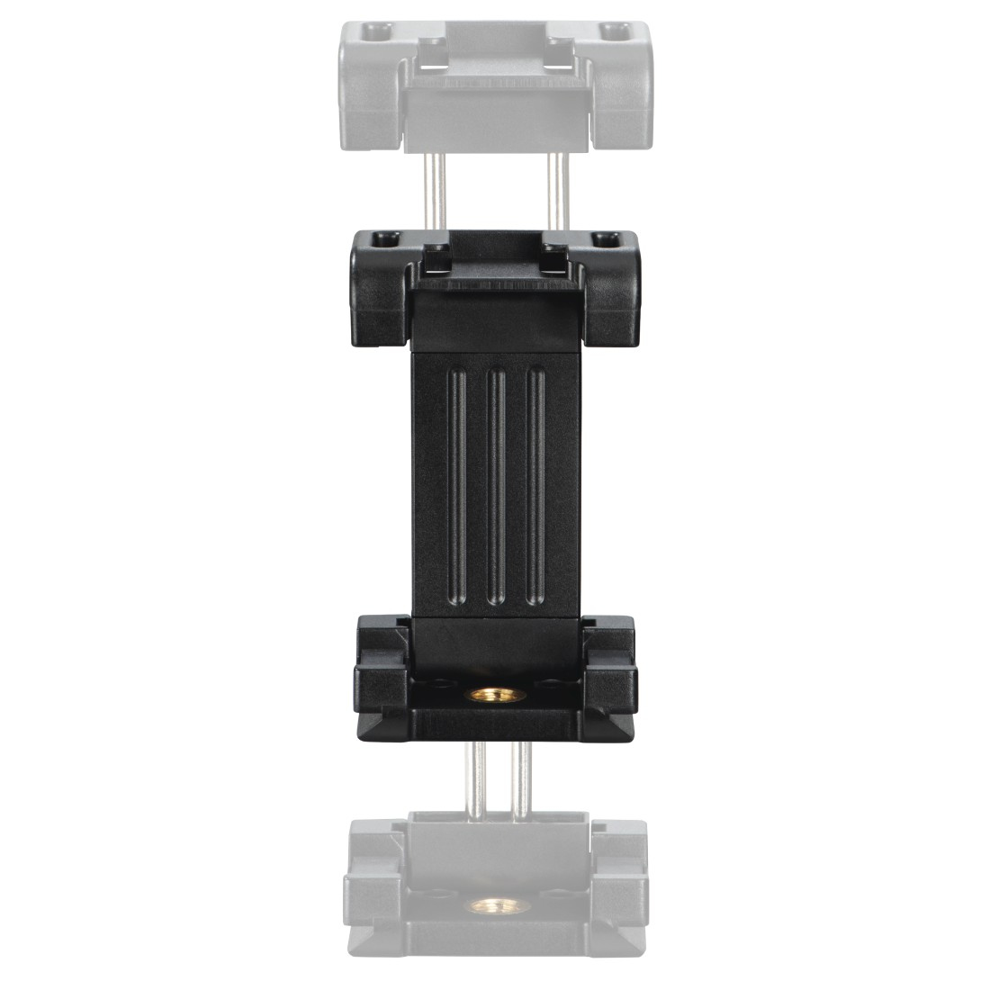 Czarny uchwyt na telefon z trzema pionowymi liniami. Dwa szare uchwyty połączone metalowymi prętami. Izolowane na białym tle.