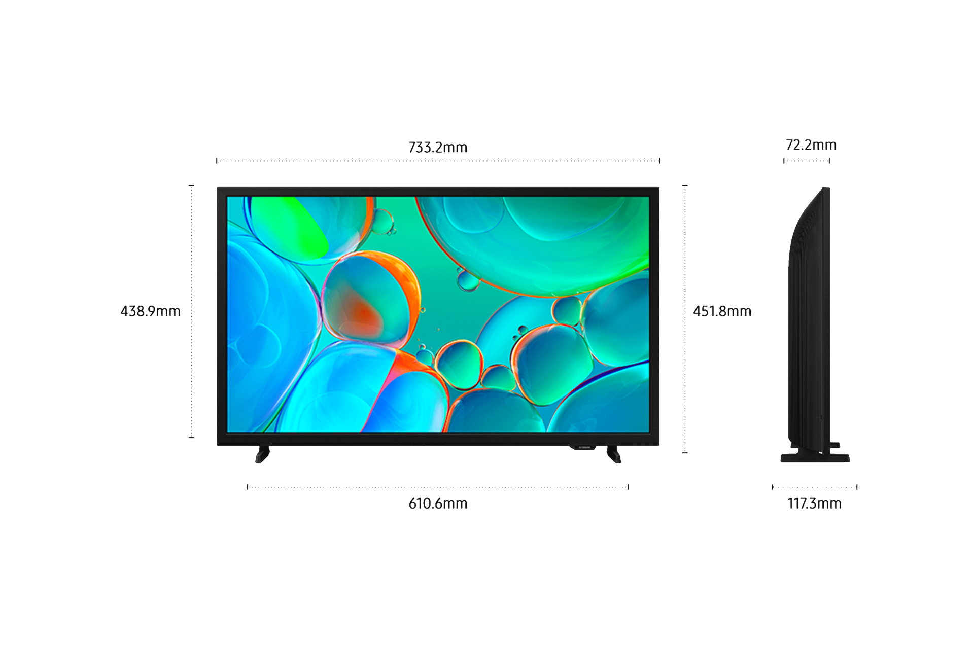Telewizor z wymiarami. Widok z przodu pokazuje ekran ze sztuką abstrakcyjną. Widok z boku pokazuje grubość. Wymiary w mm.