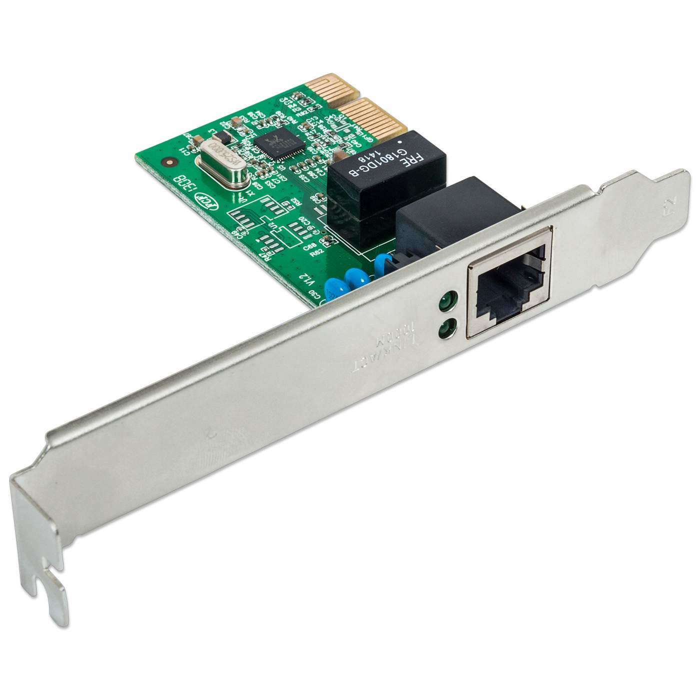 Eine Computernetzwerkkarte mit grüner Leiterplatte, schwarzen Komponenten, silberner Halterung und Ethernet-Anschluss.