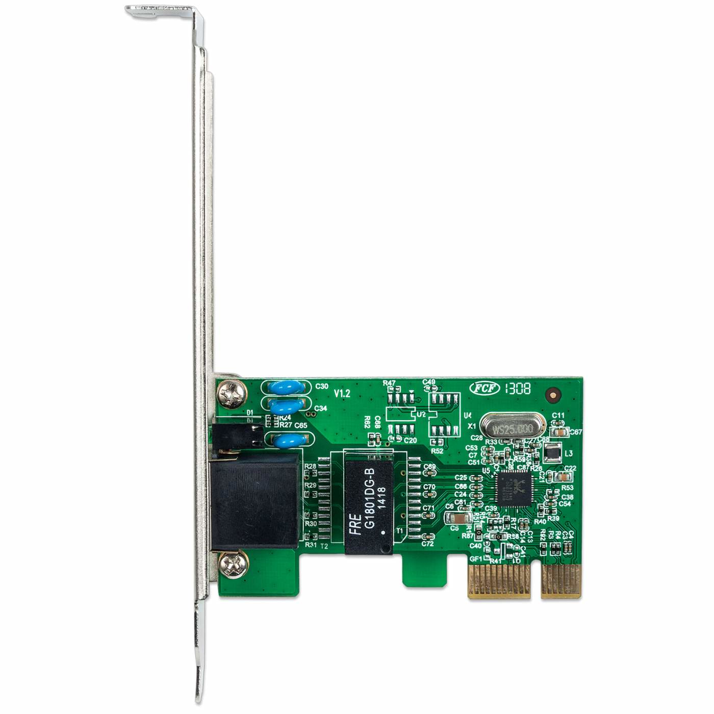 Eine grüne Leiterplatte mit verschiedenen elektronischen Bauteilen, darunter Chips, Widerstände und Anschlüsse, auf weißem Grund.