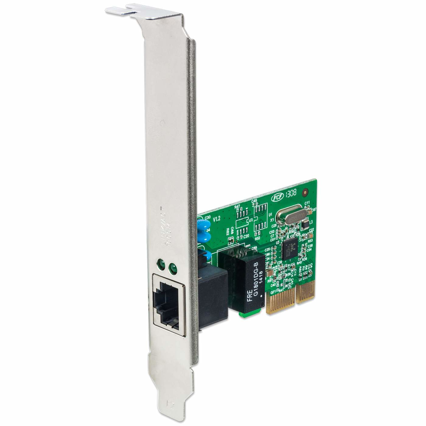 Eine Computernetzwerkkarte mit Metallhalterung. Sie hat eine grüne Platine mit Komponenten und einen Anschluss für ein Netzwerkkabel.