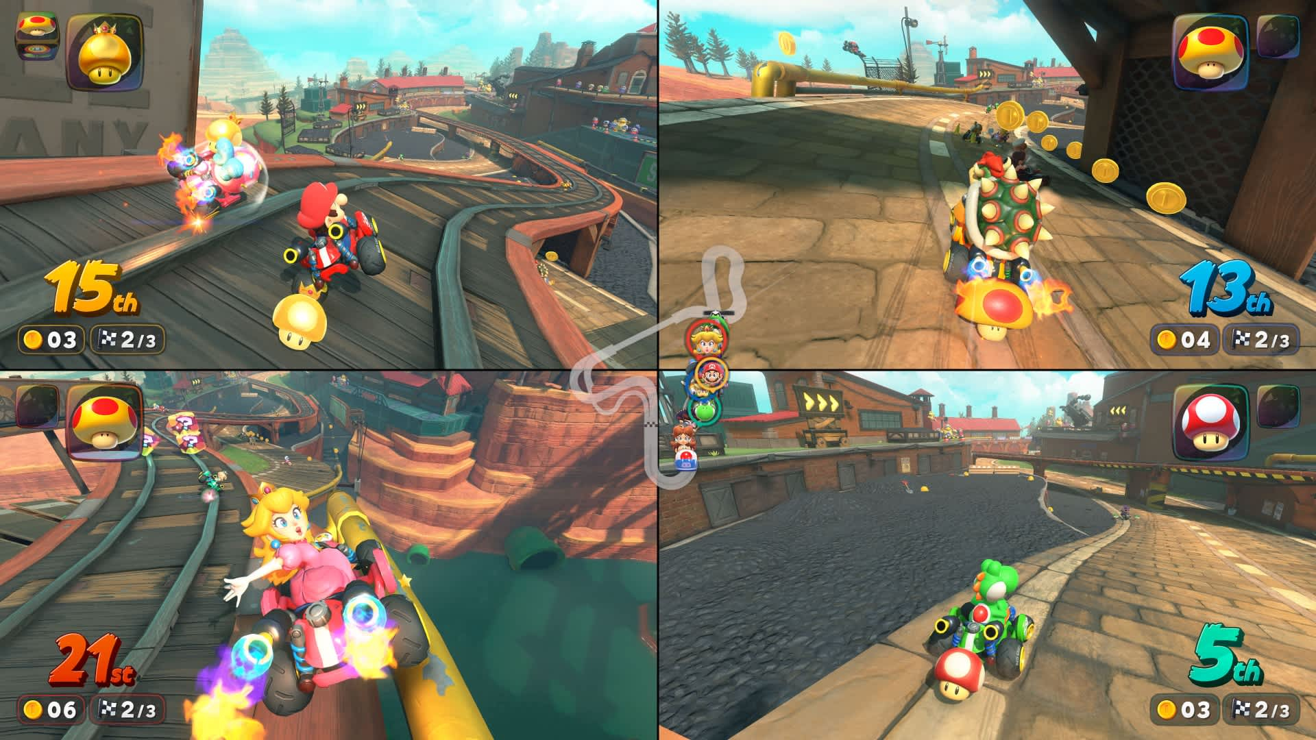 Gra Mario Kart z czterema widokami na podzielonym ekranie. Postacie ścigają się na torze. Zawiera Mario, Peach, Bowser i Yoshi.