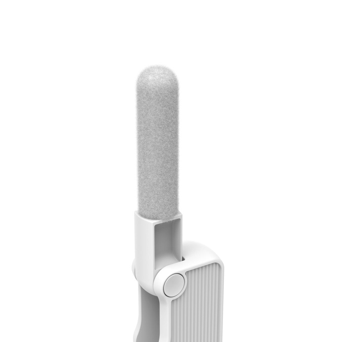 Biały i szary środek do usuwania kłaczków. Głowica jest szara, cylindryczna i rozmyta. Uchwyt jest biały z guzikiem.