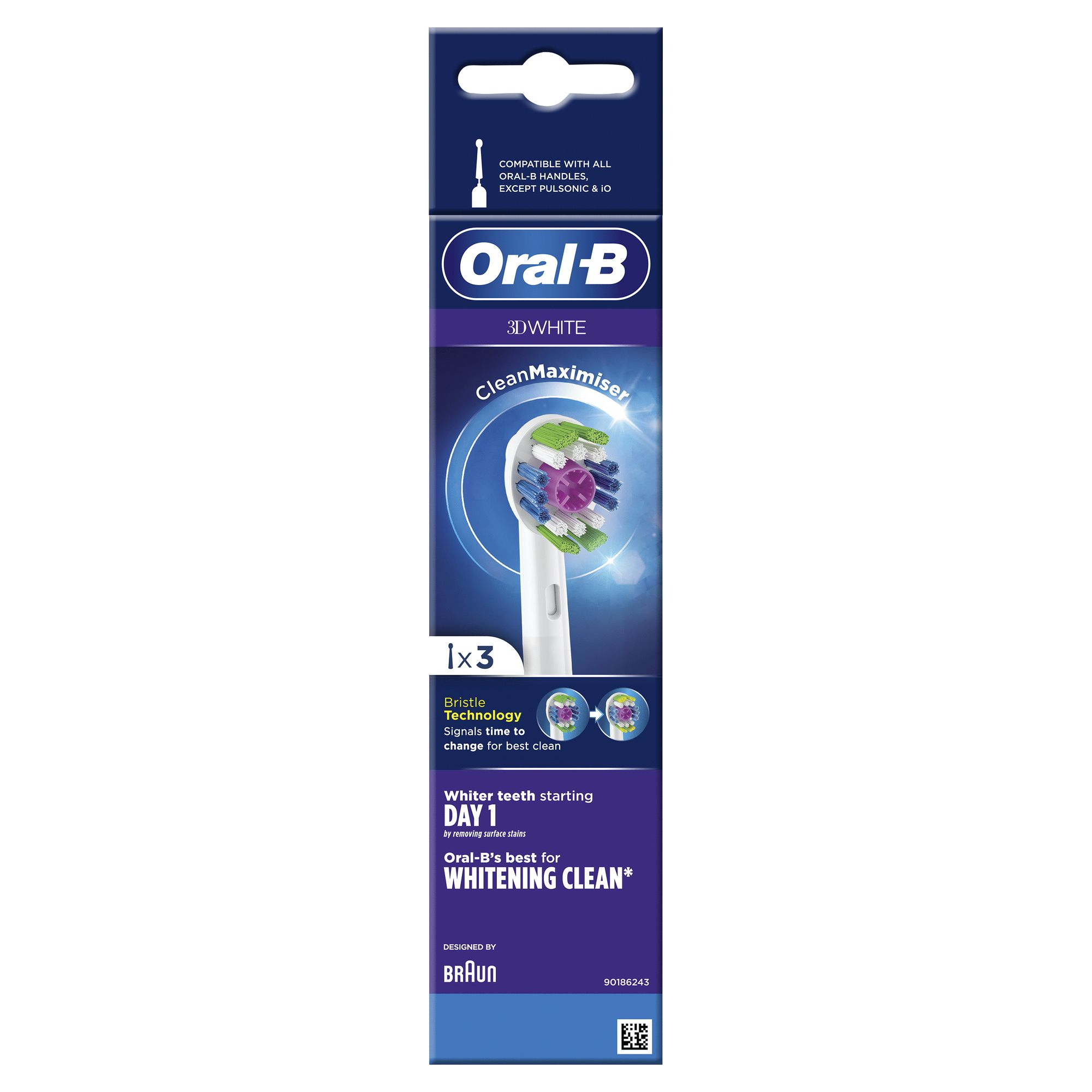Paquete de cabezal de cepillo de dientes Oral-B 3D White. Presenta el logotipo de la marca, detalles del producto y primer plano.
