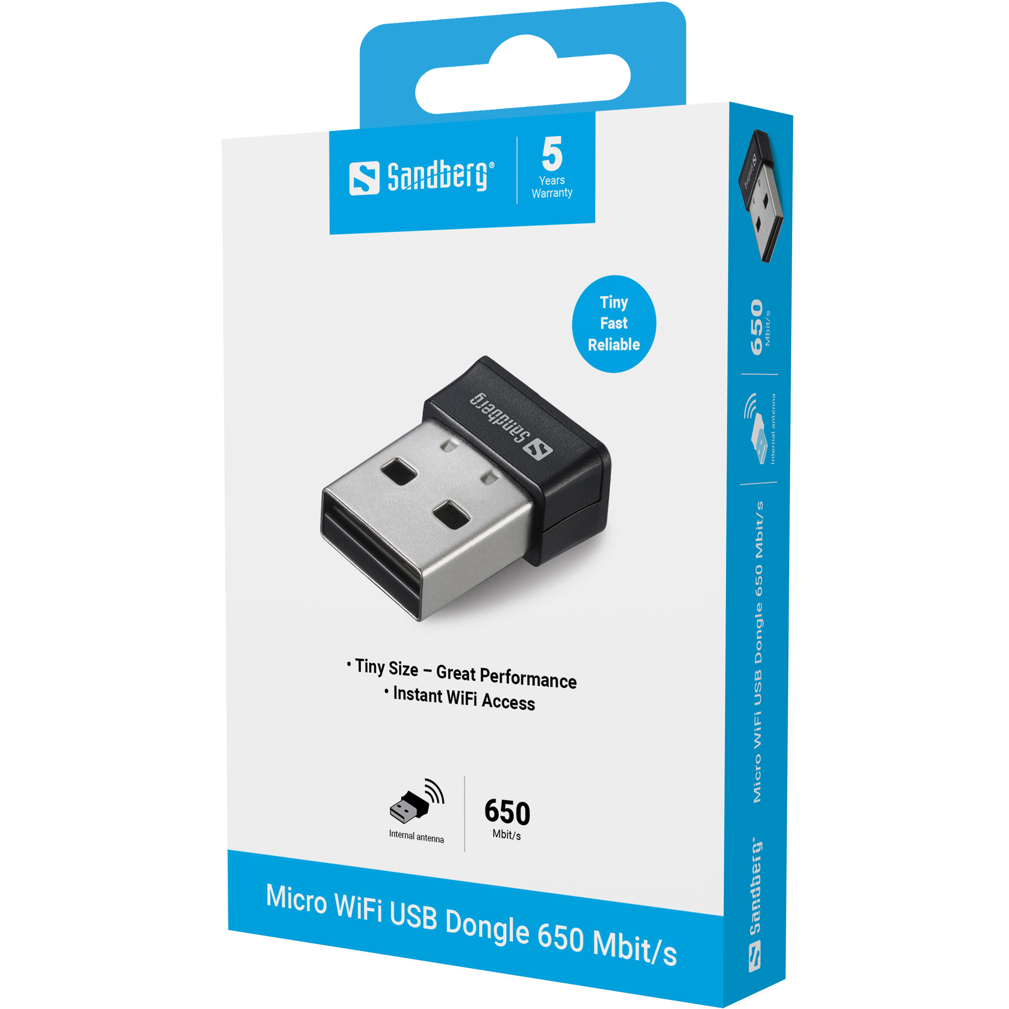 Widoczny jest box Sandberg Micro WiFi USB Dongle 650 Mbit/s. Dongle jest czarny. Pudełko jest biało-niebieskie.