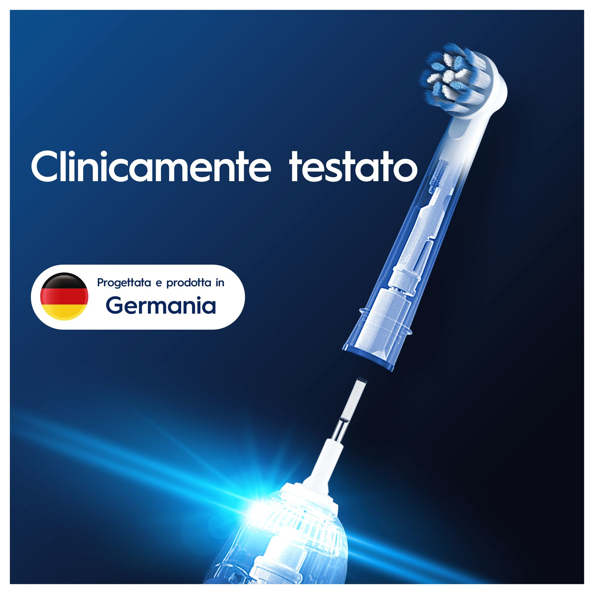Eine elektrische Zahnbürste mit blau-weißem Bürstenkopf und dem Text 'Clinicamente testato' wird angezeigt.