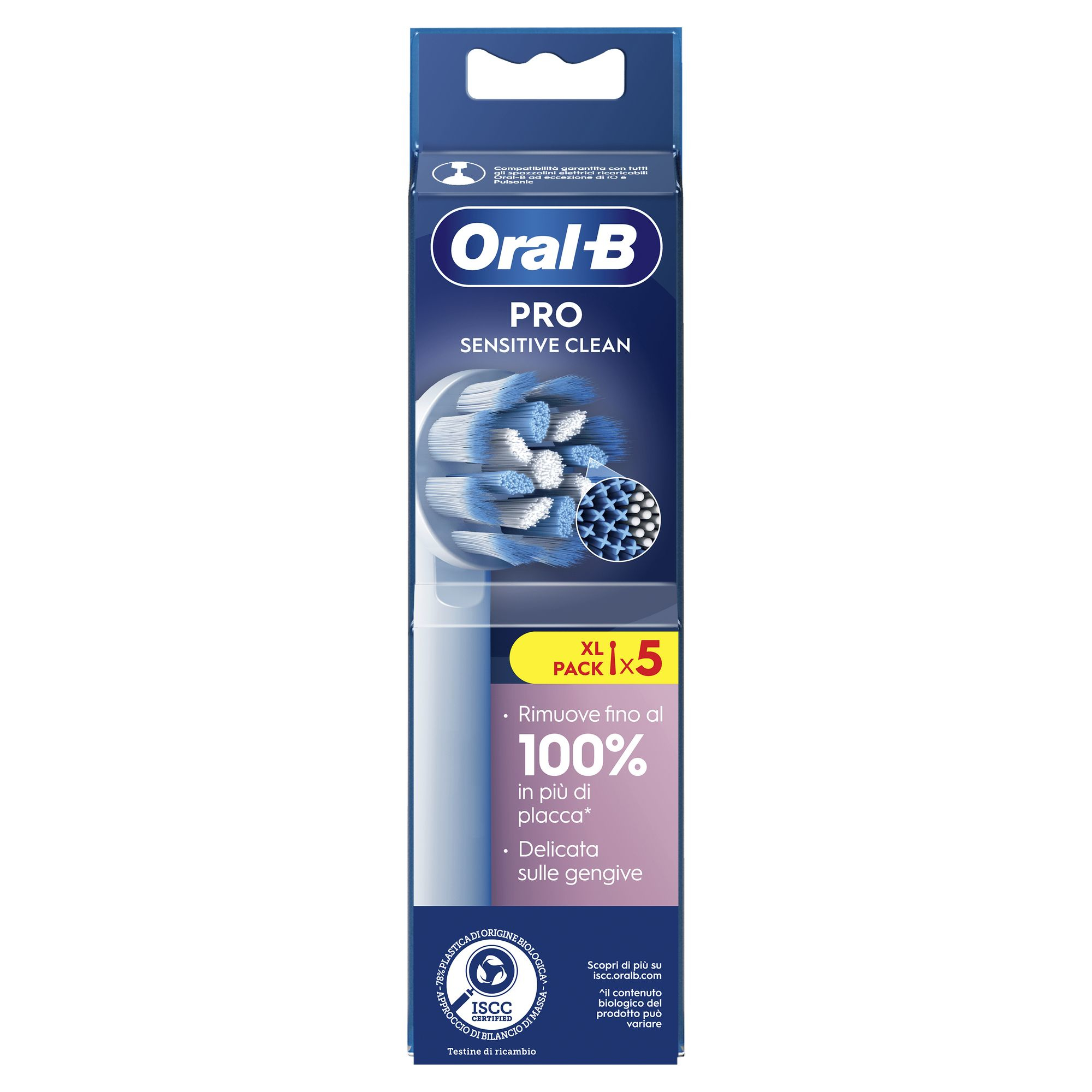 Verpackung für Oral-B Pro Sensitive Clean Zahnbürstenköpfe. Mit Oral-B Logo und Produktdetails.