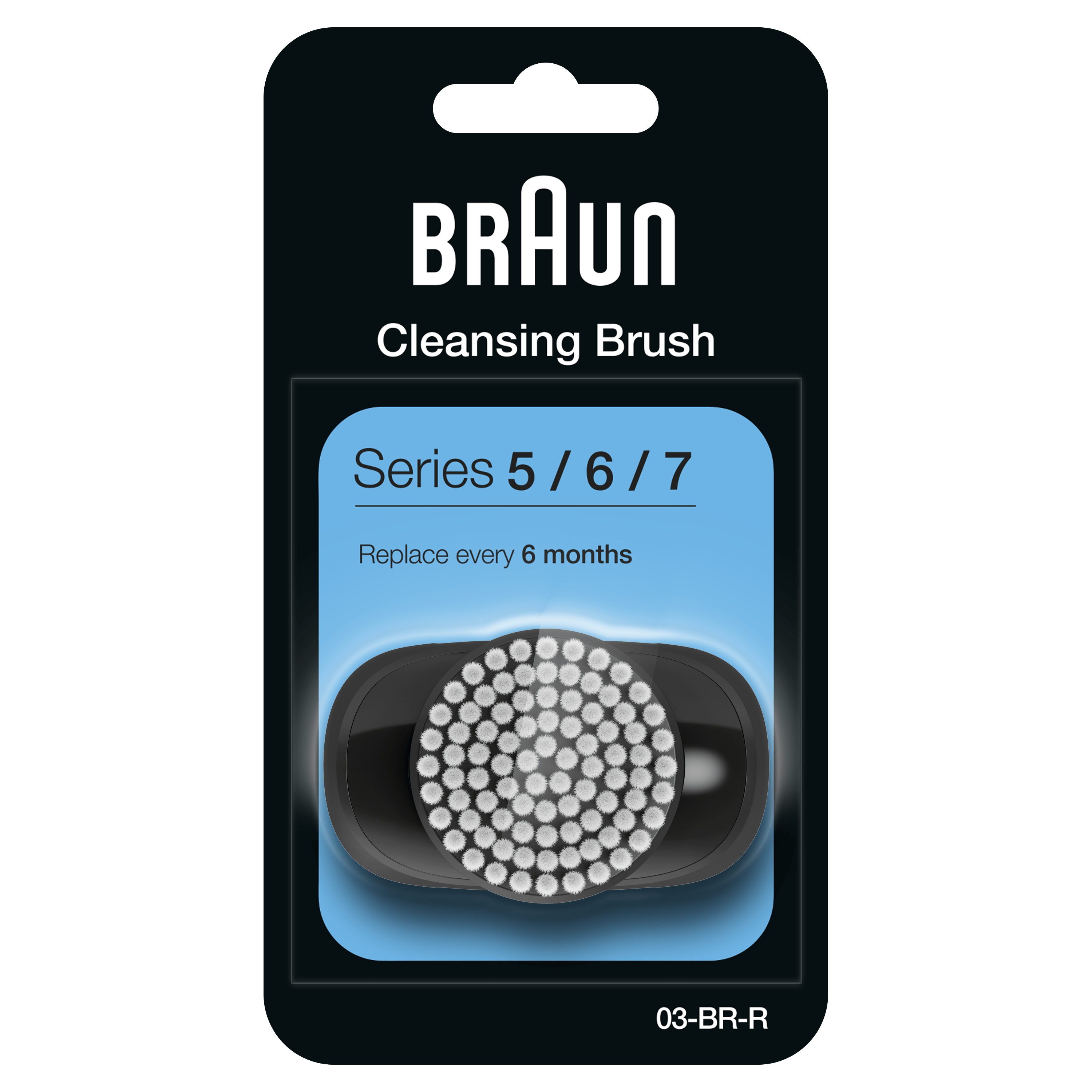 Confezione spazzola detergente Braun. Testina bianca, manico nero, sfondo blu, testo bianco. Serie 5/6/7.