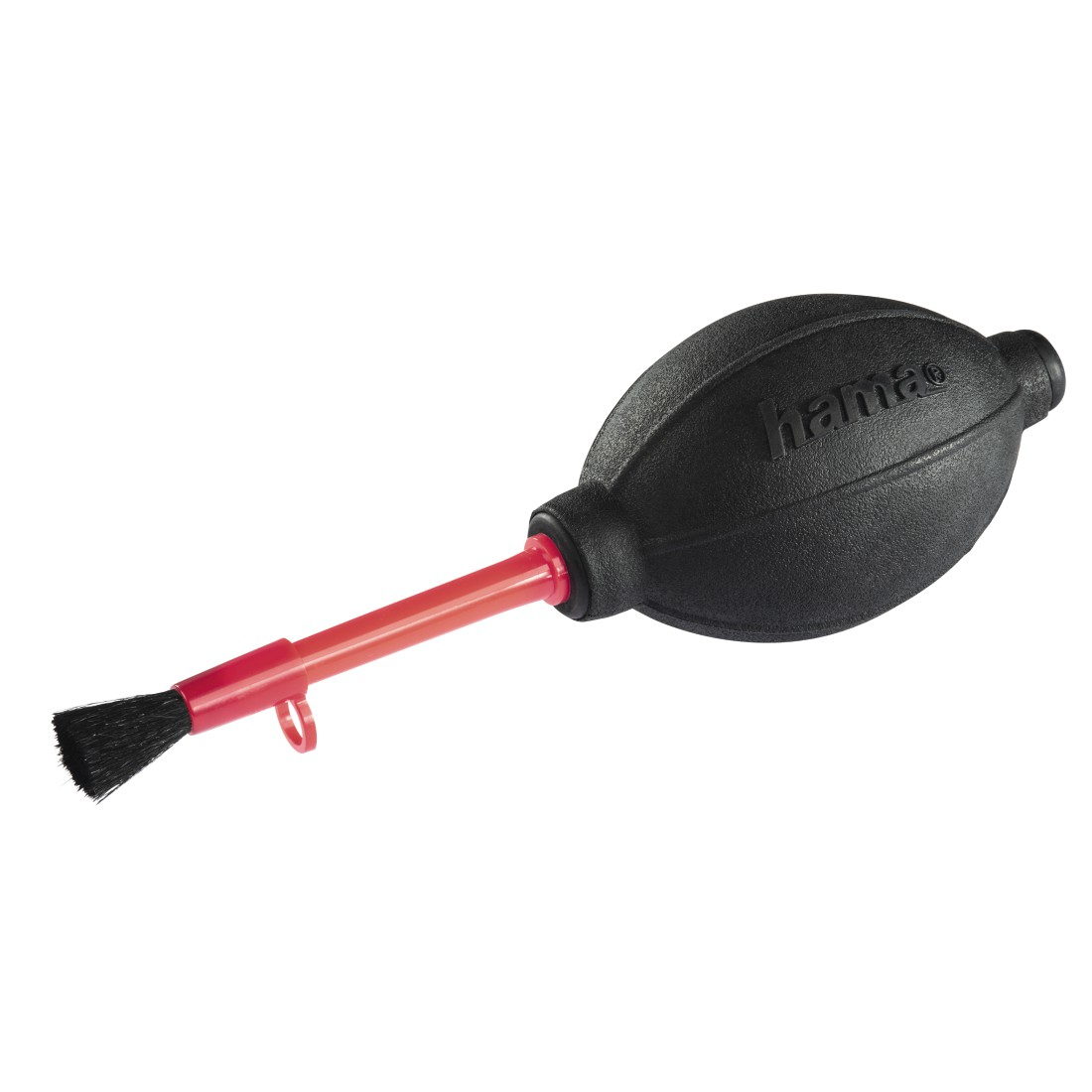 Czarna dmuchawa do aparatu z czerwoną dyszą i pędzlem. Marka 'hama' znajduje się na gruszce.