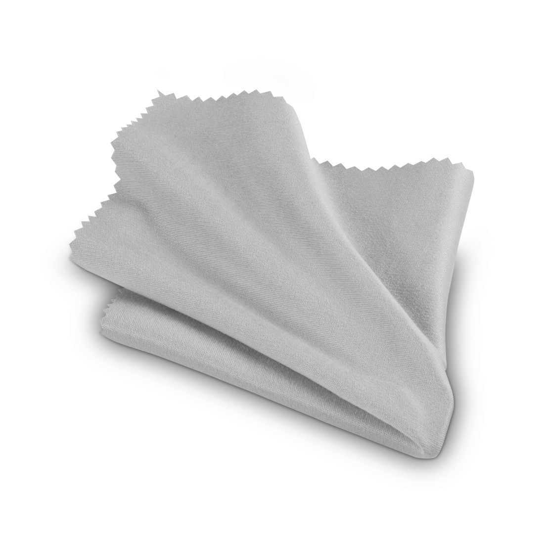 Złożona, jasnoszara ściereczka z mikrofibry. Krawędzie są ząbkowane. Leży na białym tle, rzucając miękki cień.