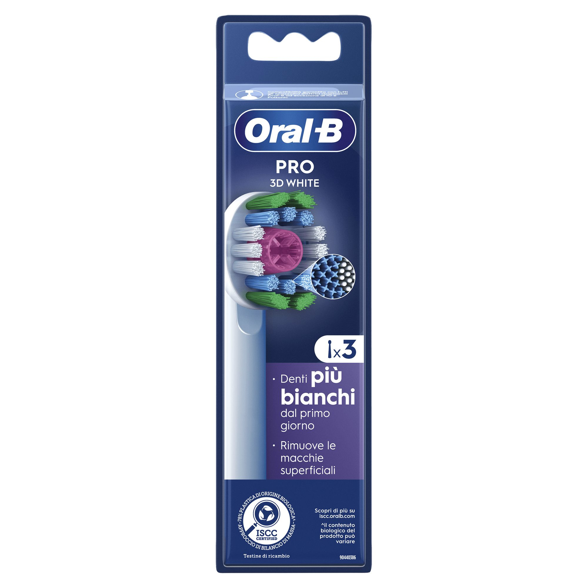 Oral-B Pro 3D White Zahnbürstenkopf-Verpackung. Blau und weiß mit Zahnbürstenkopf mit weißen, rosa, grünen Borsten.