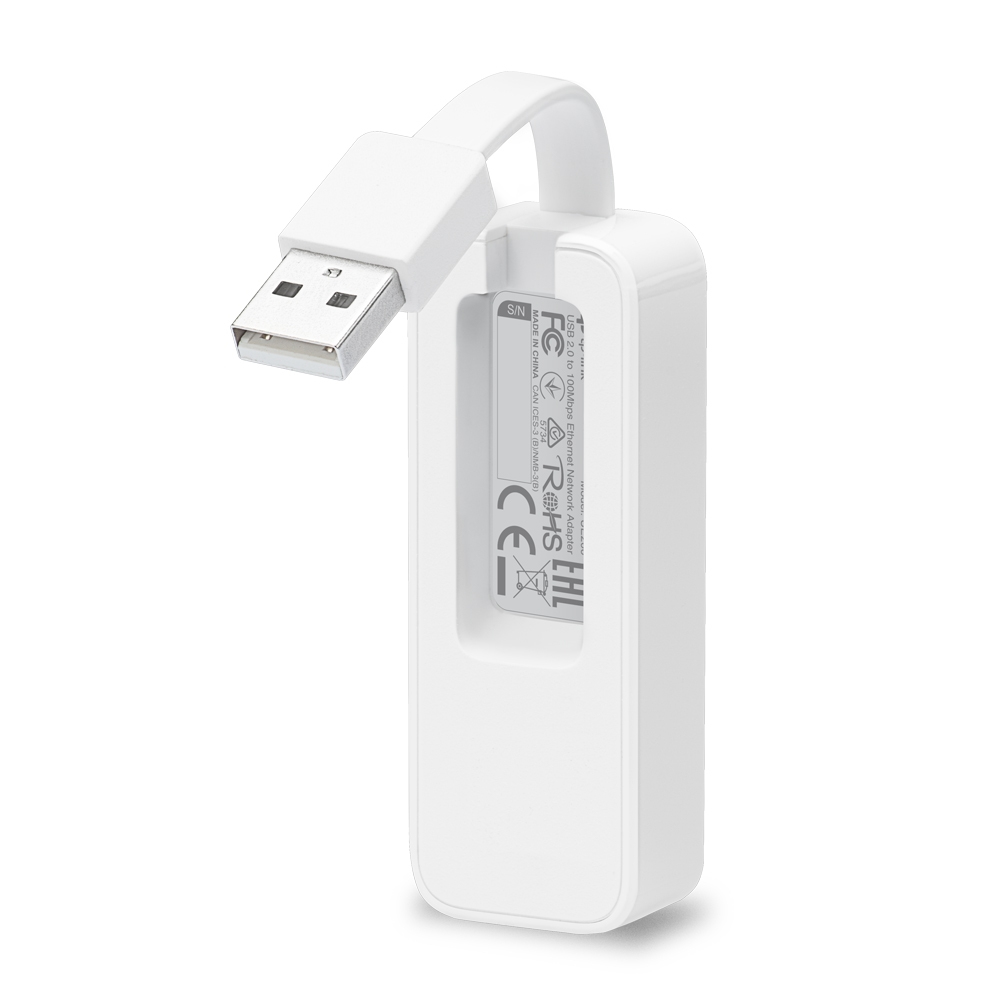 Biała przejściówka Ethernet USB z wtyczką USB i etykietą z tekstem. Jest to kompaktowe urządzenie.