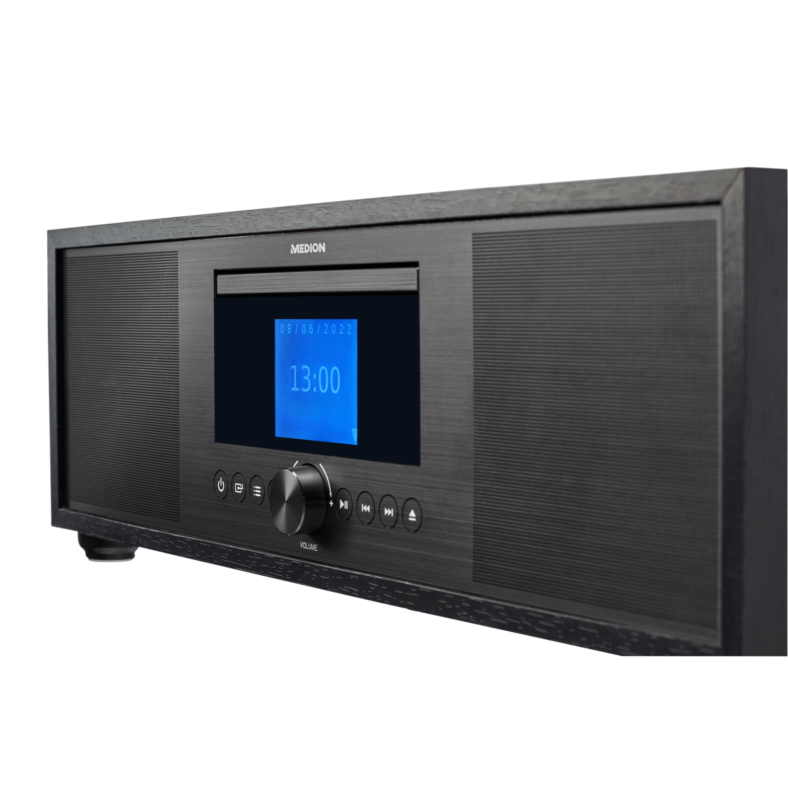 Czarny system stereo z niebieskim wyświetlaczem pokazującym godzinę i datę. Posiada przyciski i pokrętło głośności.