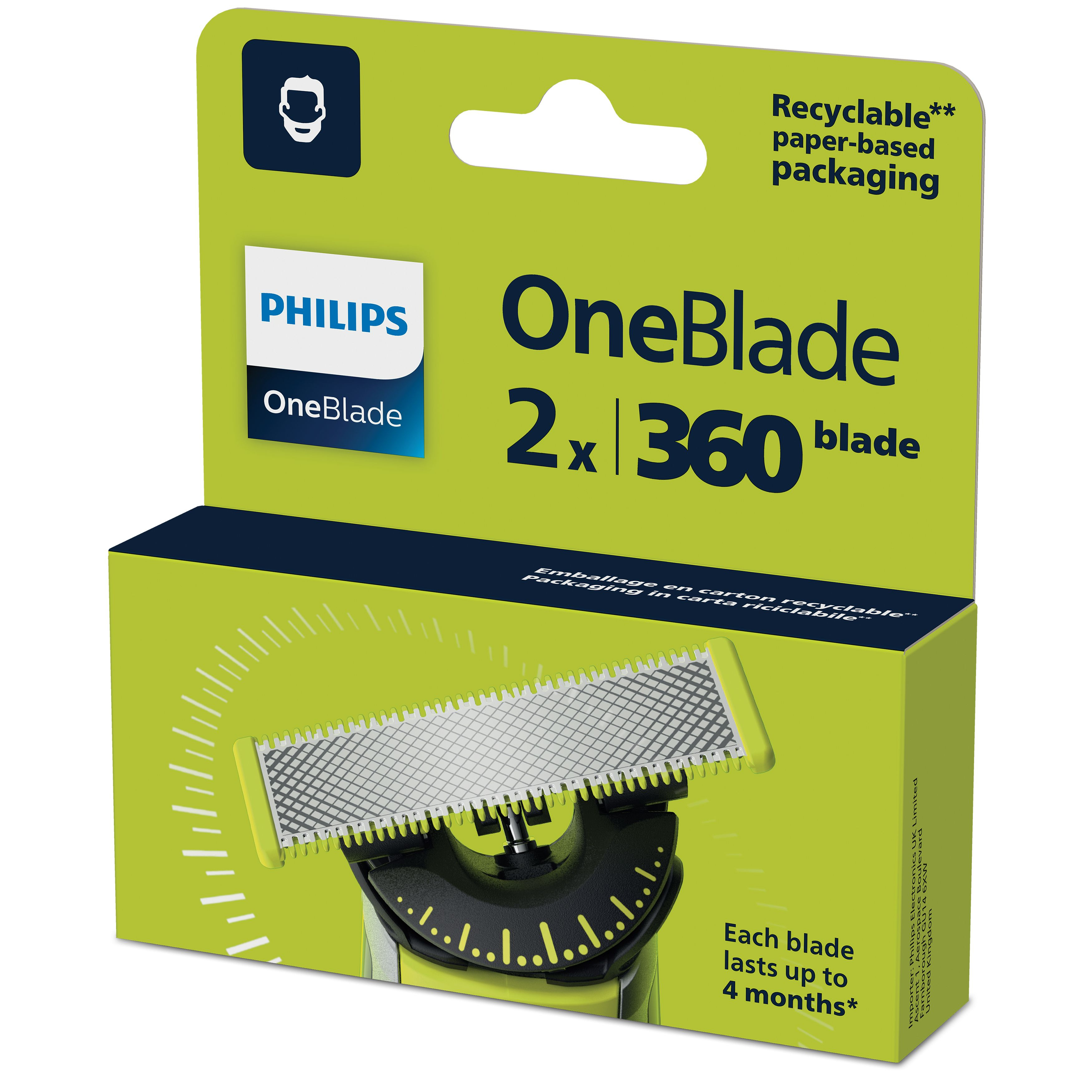 Una confezione di lame Philips OneBlade. La scatola è verde e bianca, che mostra la lama e i dettagli del prodotto.