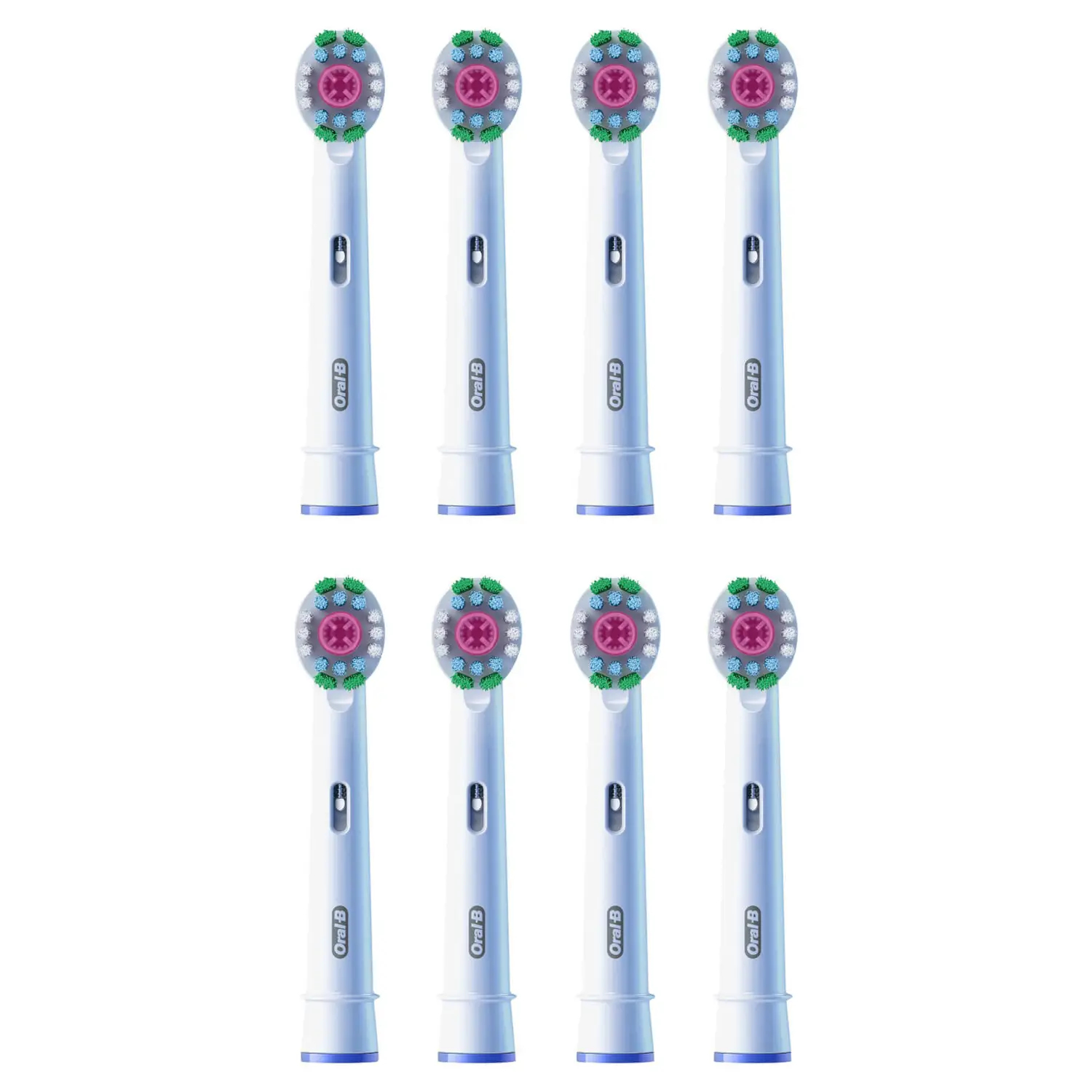 Osiem głowic szczoteczki Oral-B ułożonych w dwóch rzędach. Każda głowica ma biały korpus, zielone i niebieskie włosie oraz różowy środek.