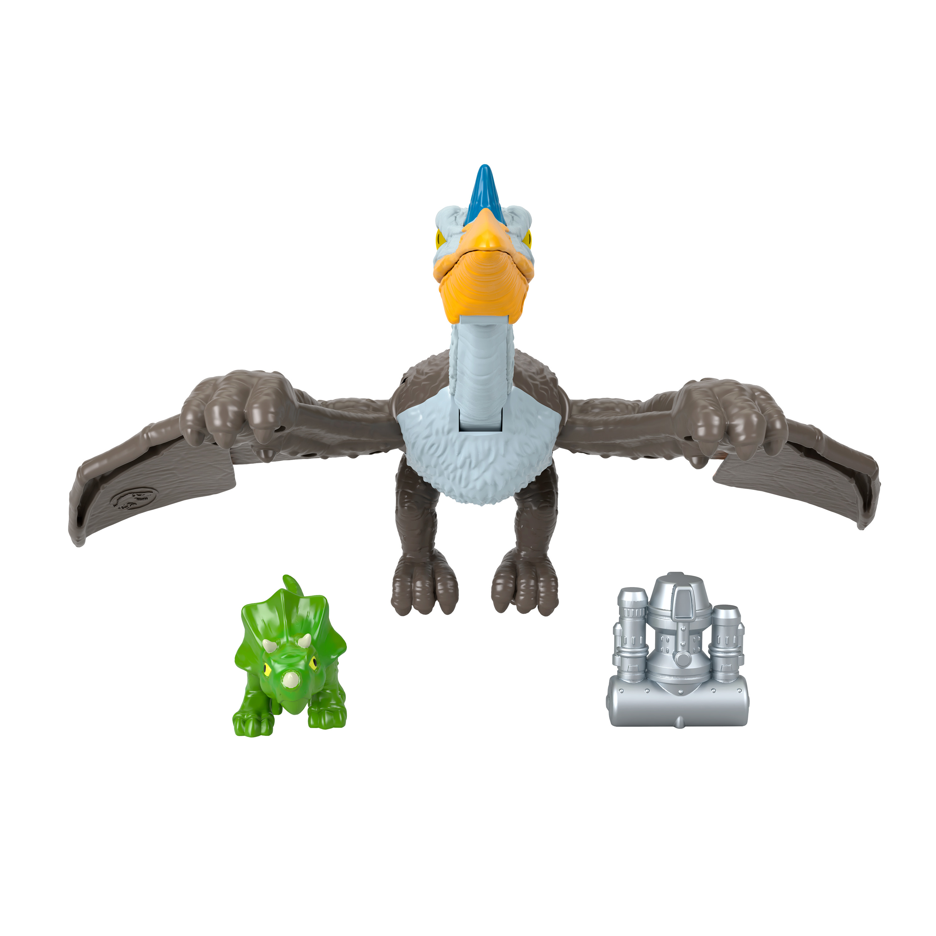 Ein Spielzeugdinosaurier mit Flügeln und zwei weitere Spielzeugdinosaurier auf weißem Hintergrund.
