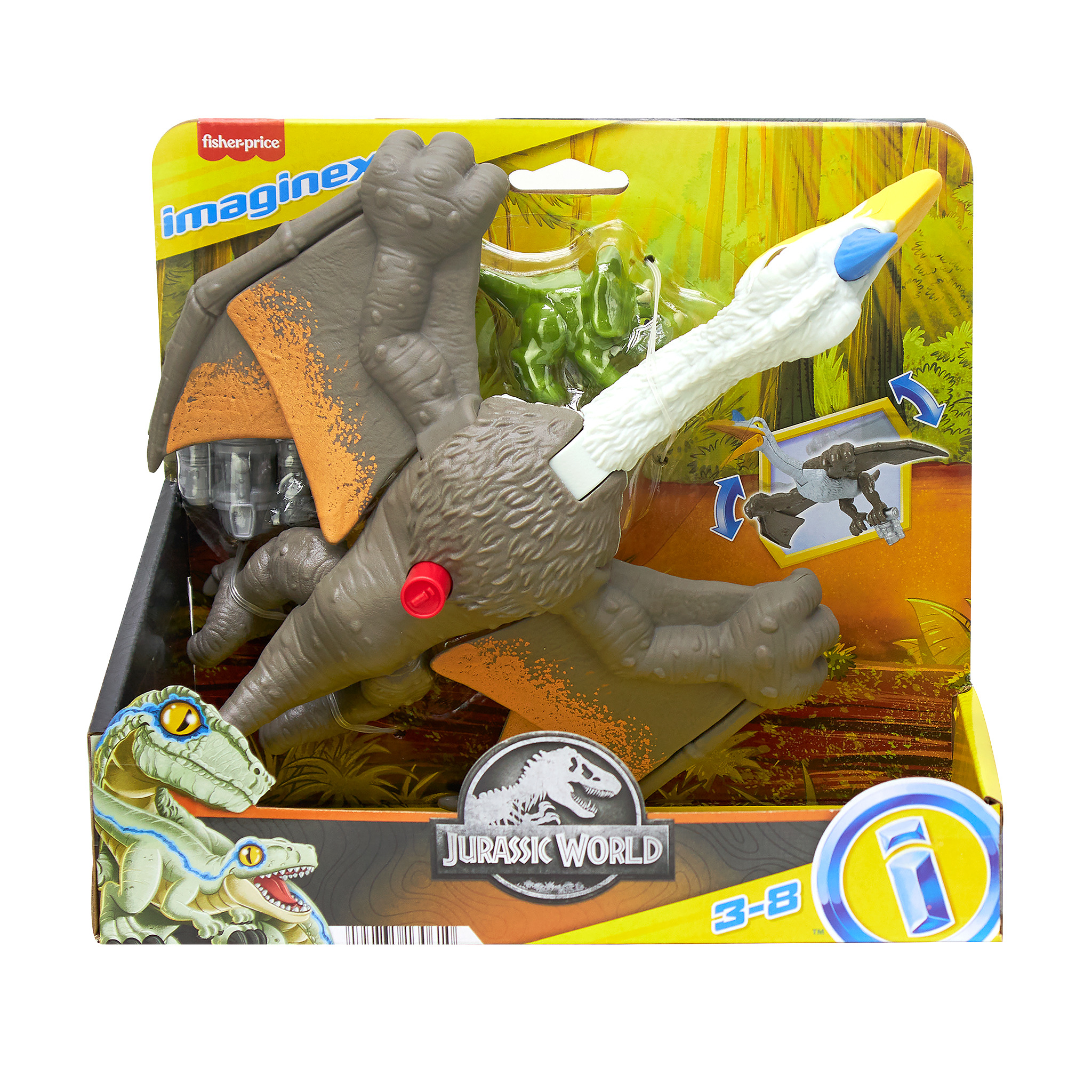 Ein Jurassic World Imaginext-Spielzeug. Es zeigt einen grauen Dinosaurier, einen weißen Kopf und befindet sich in einer gelben Box.