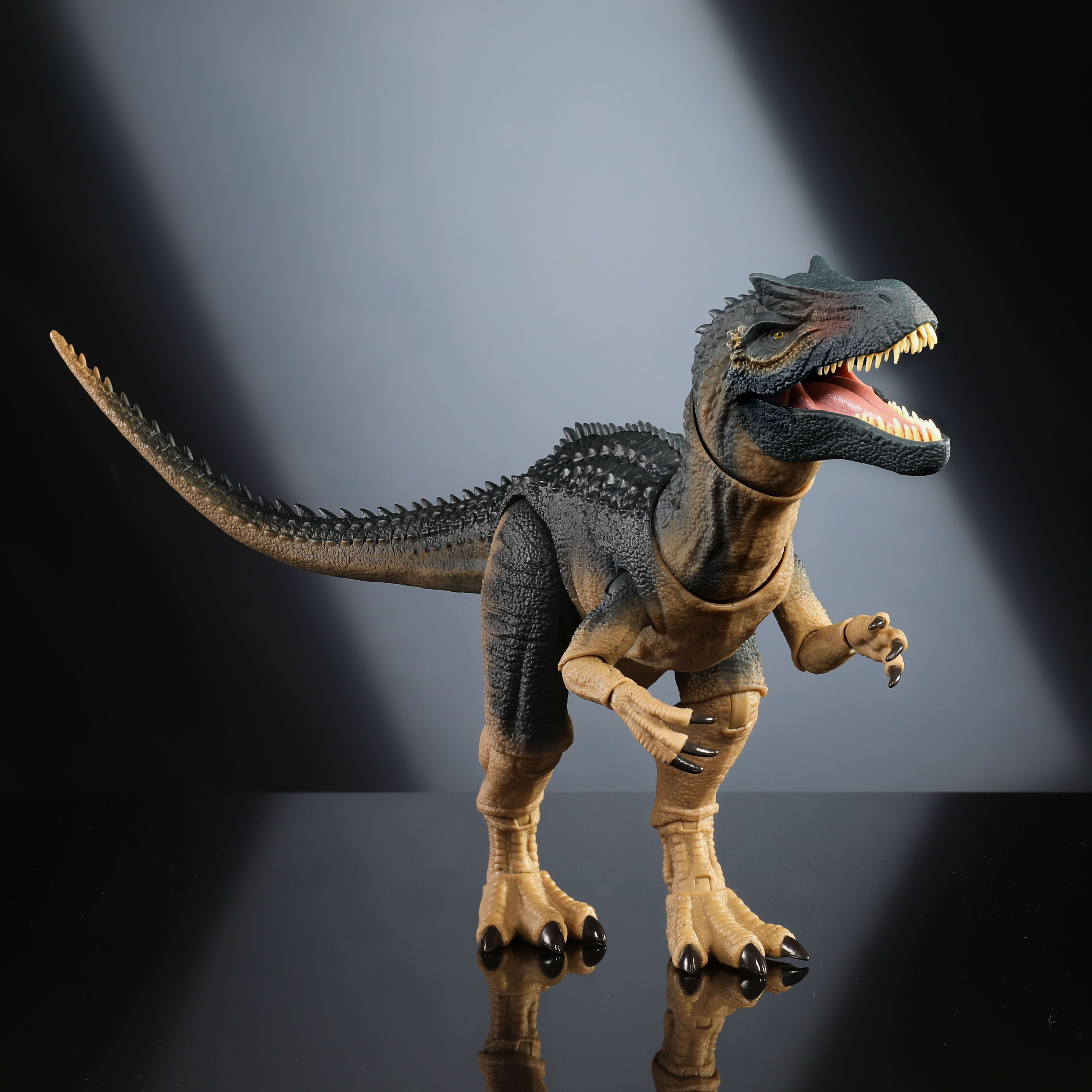 Un giocattolo a forma di dinosauro con la bocca aperta. Ha colori neri e marroni chiari, in piedi su una superficie riflettente.