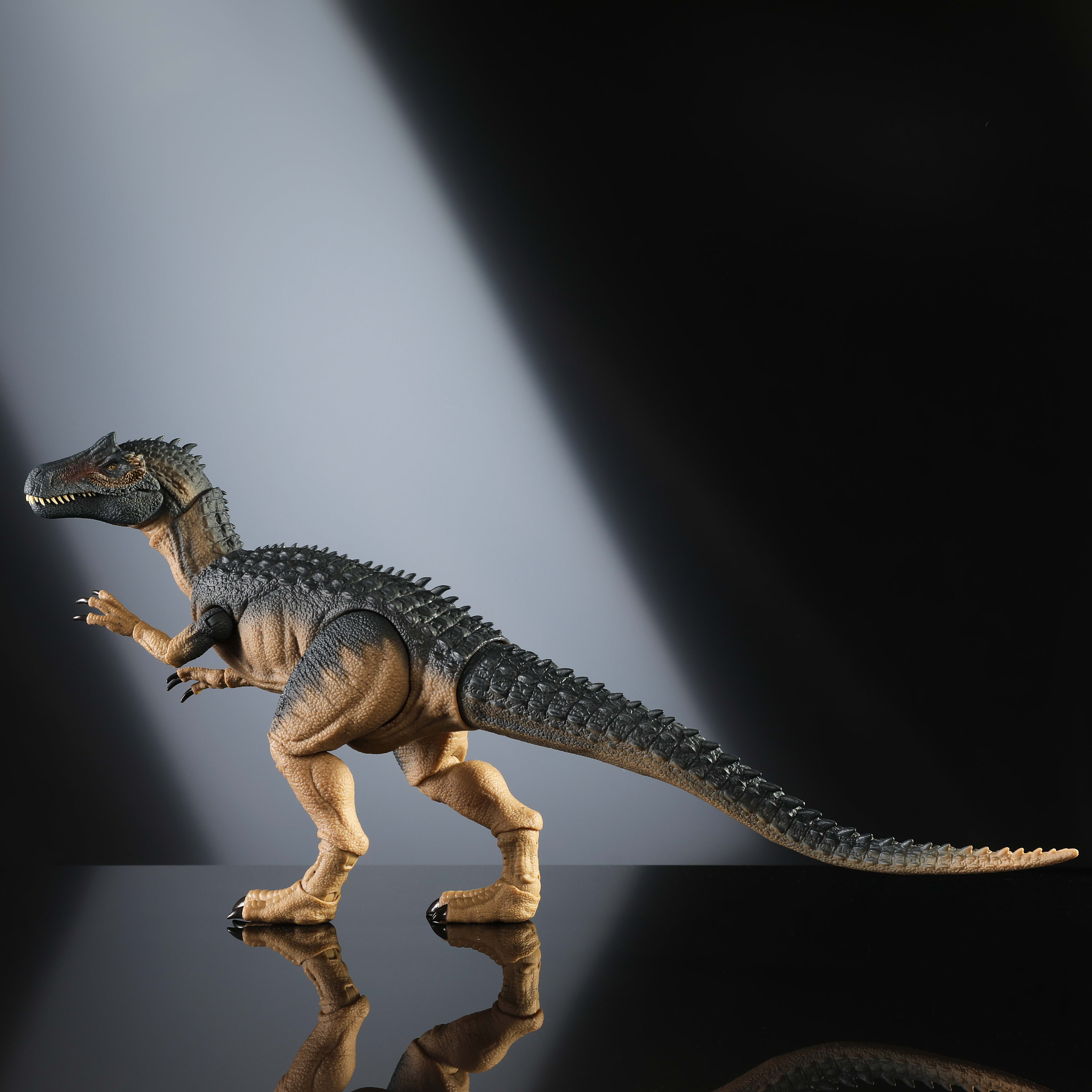 Un dinosauro giocattolo, nero e marrone chiaro, è su una superficie riflettente, contro uno sfondo sfumato.