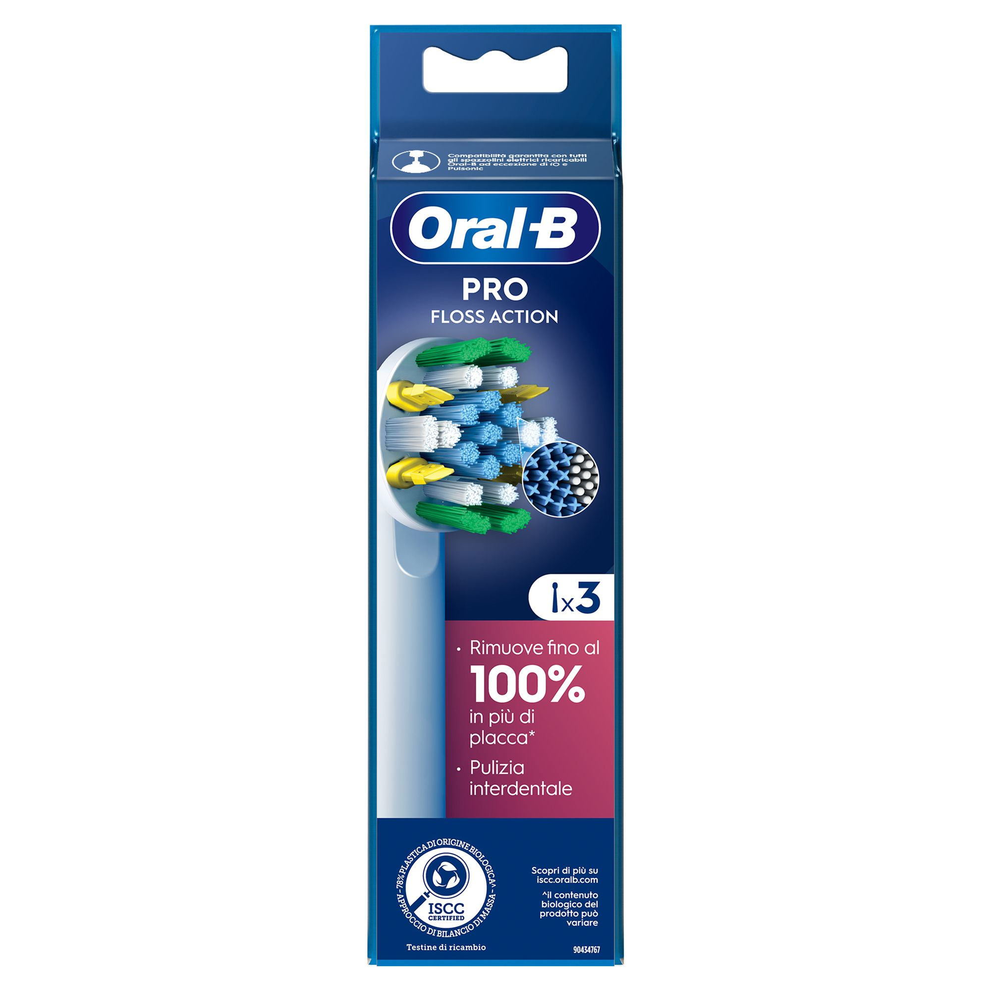 Packung Oral-B Pro Floss Action Bürstenköpfe. Blaue, weiße und grüne Borsten. Text: 'Entfernt bis zu 100% Plaque'.