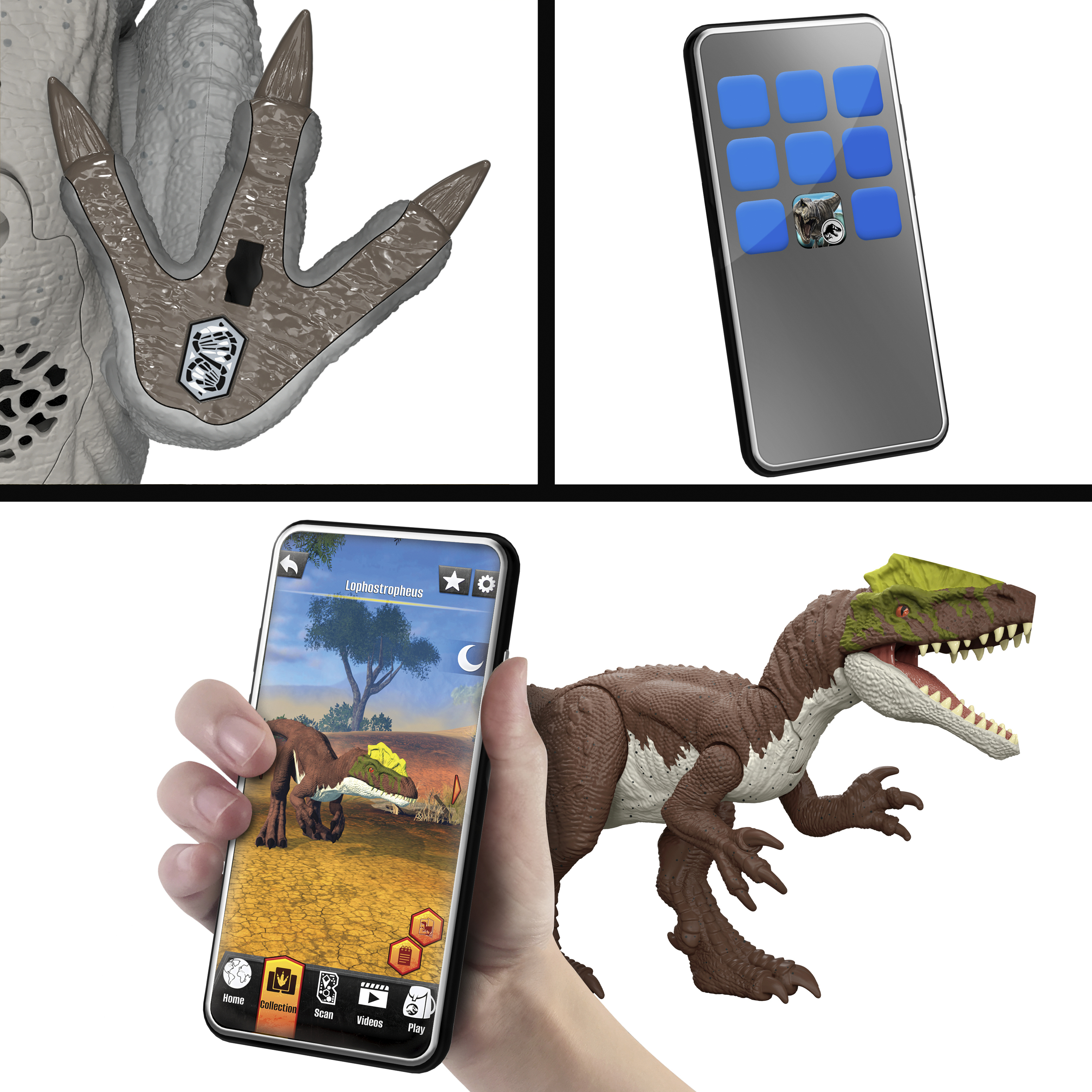 Pazur dinozaura z kodem QR, telefon z ikonami i dłoń trzymająca telefon z wyświetlonym dinozaurem.