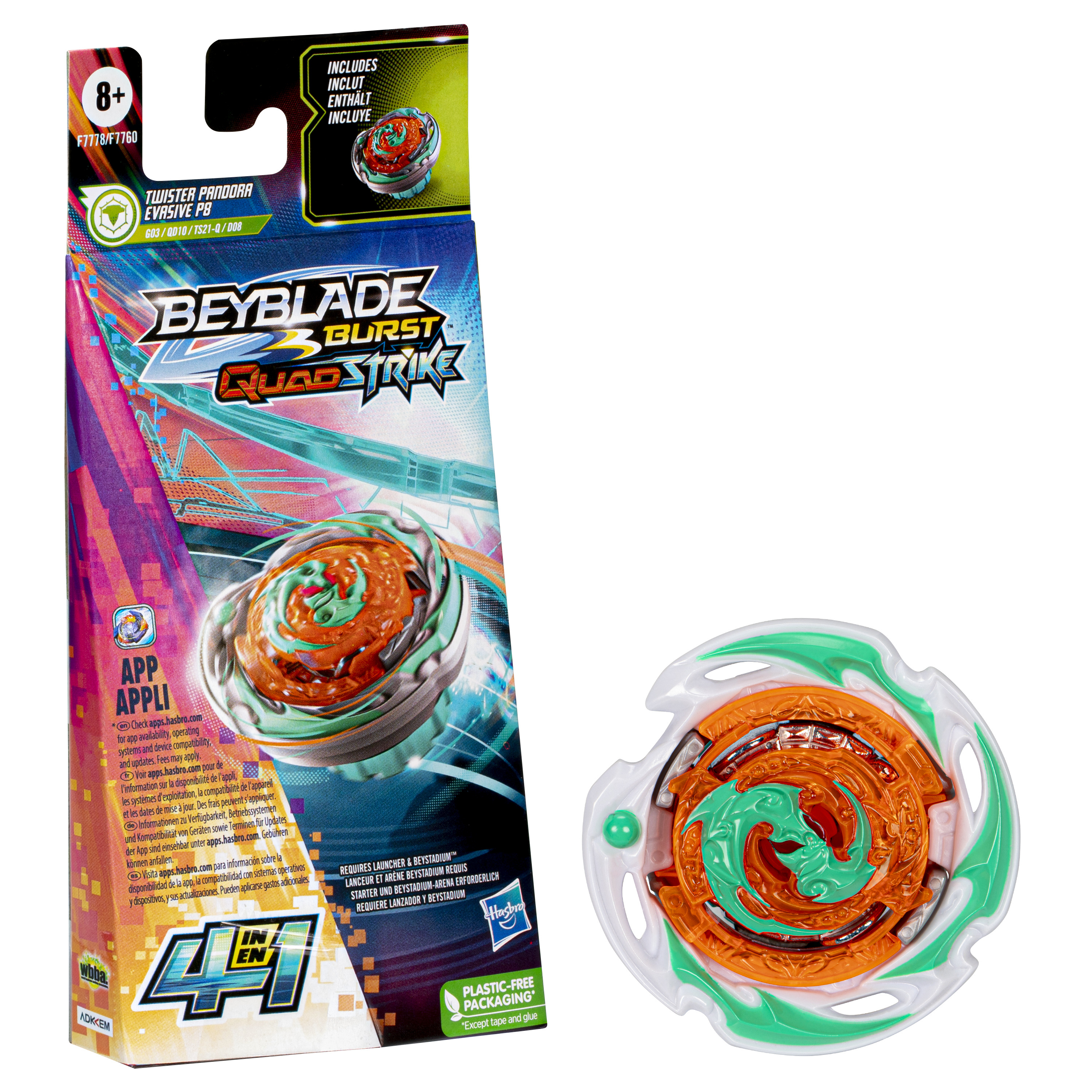 Un juguete Beyblade y su caja. El juguete es naranja, verde y blanco. La caja tiene texto e imágenes.
