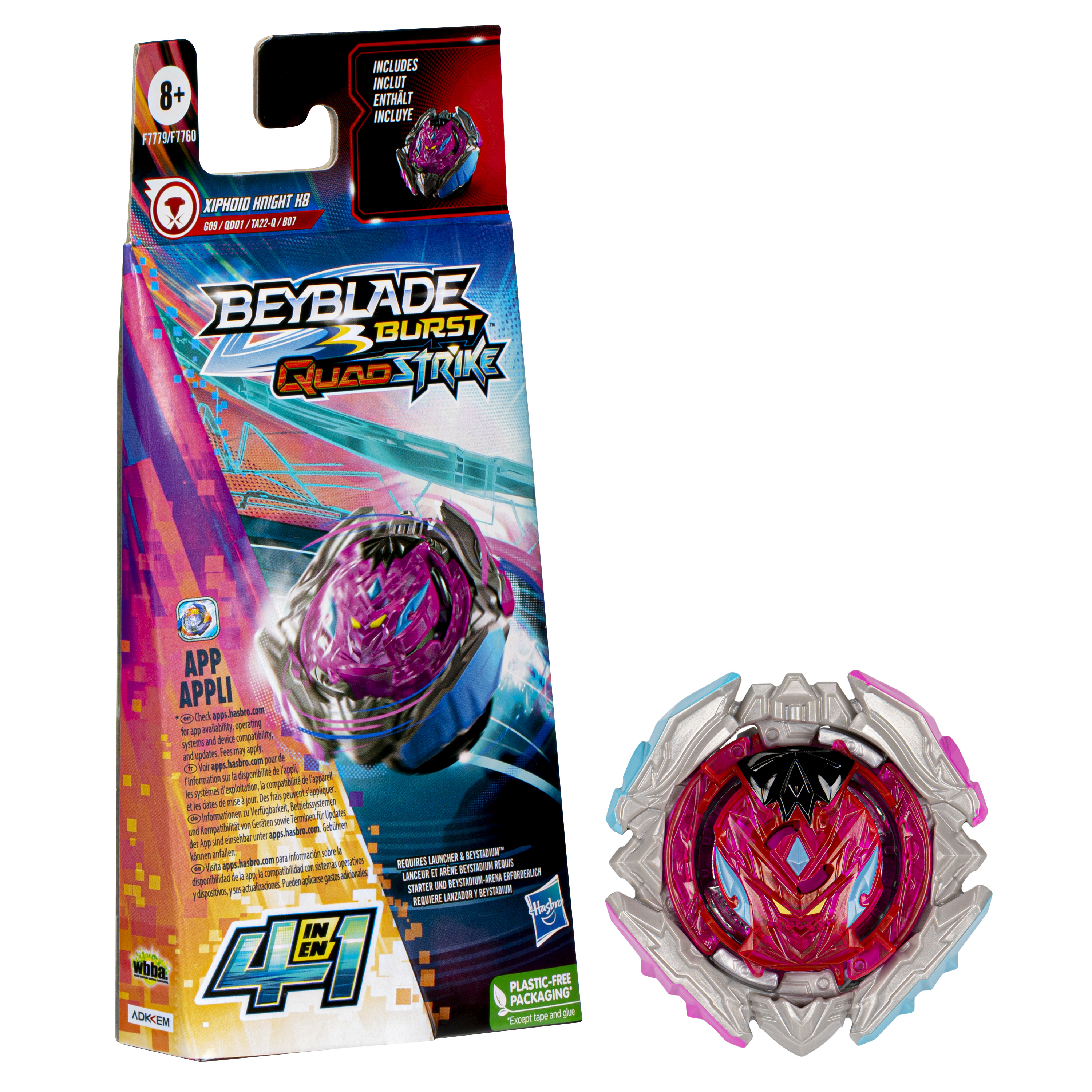 Un juego de juguetes Beyblade Burst QuadStrike con una peonza morada y plateada y embalaje.